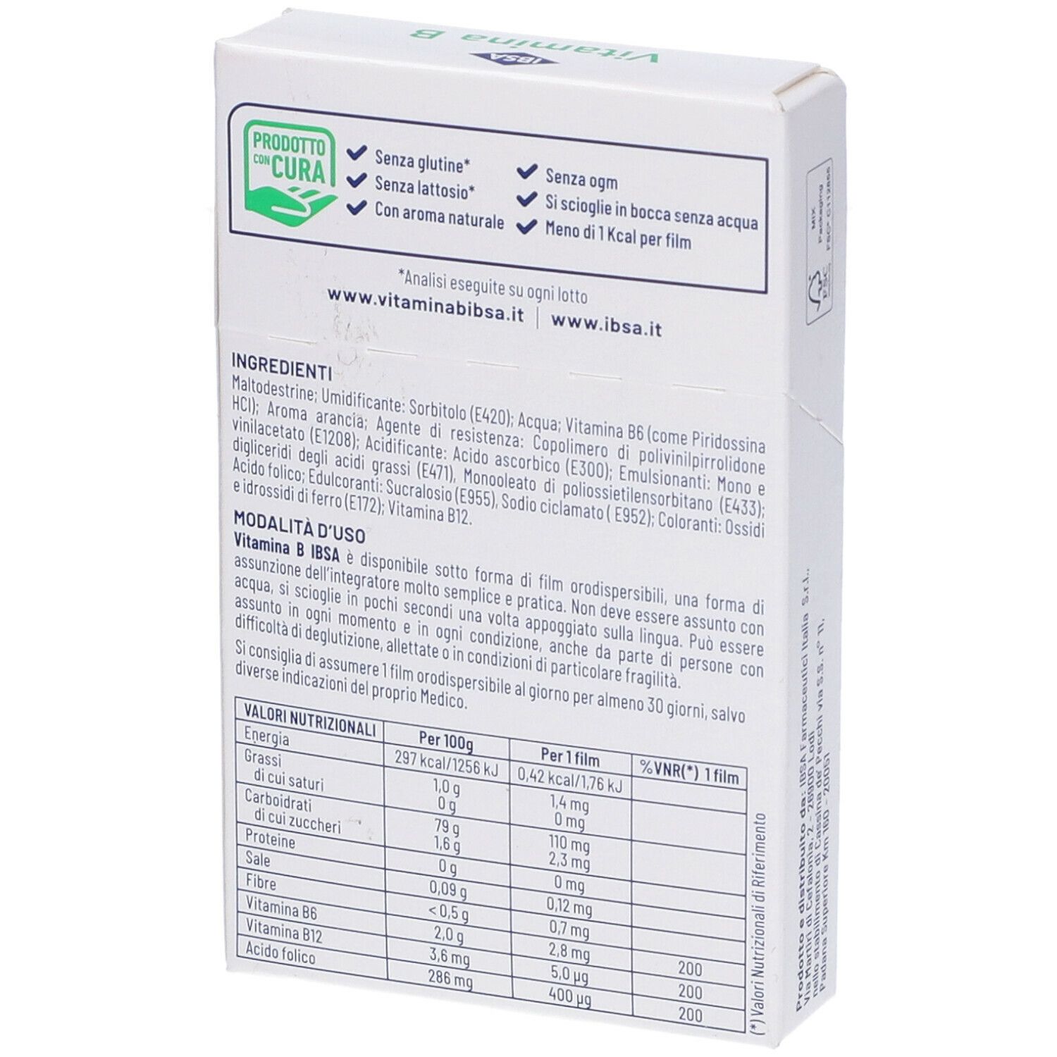 Retro della confezione IBSA Vitamina B. Contiene ingredienti, informazioni nutrizionali e istruzioni.