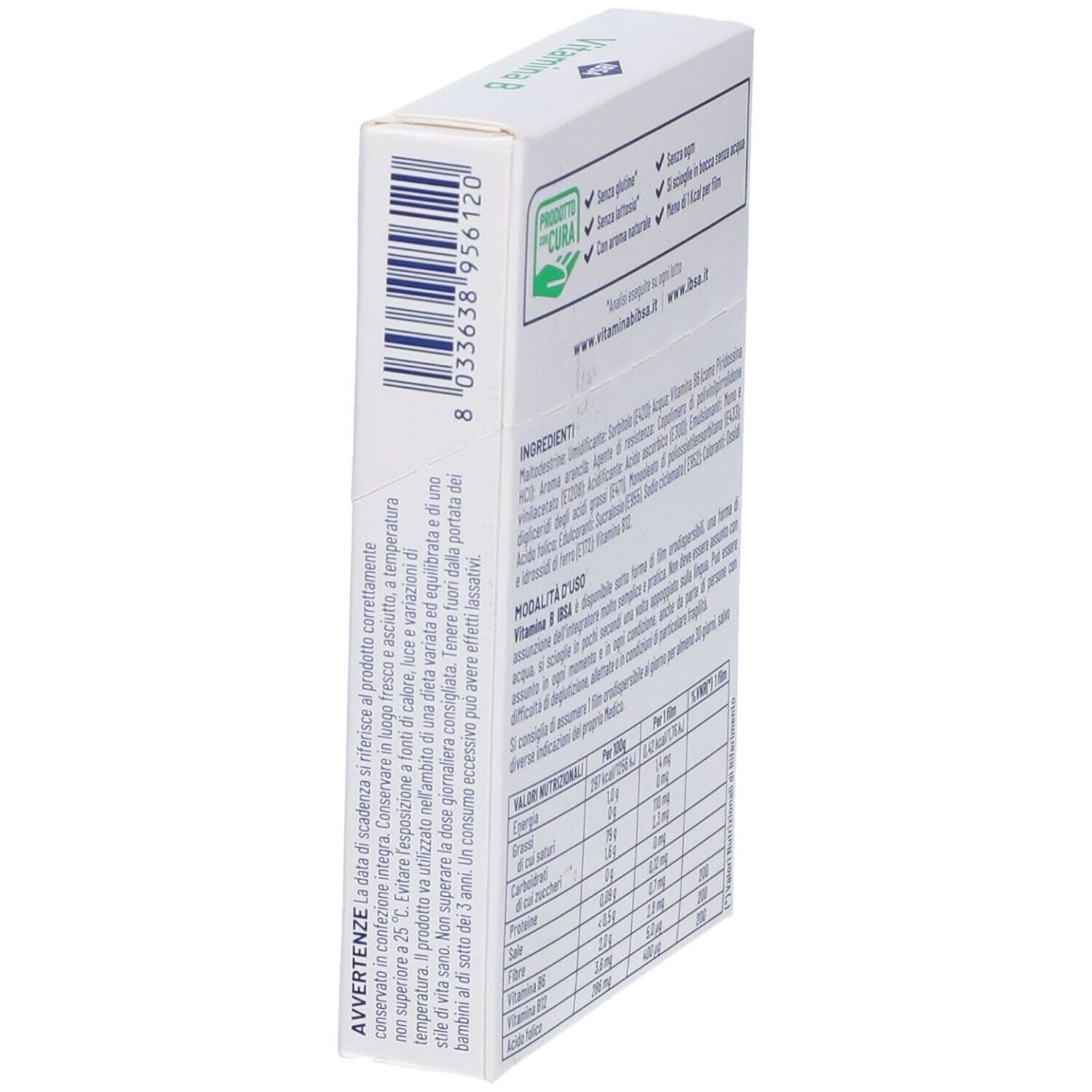 Vista laterale della confezione IBSA Vitamina B. Ingredienti, informazioni nutrizionali e istruzioni.
