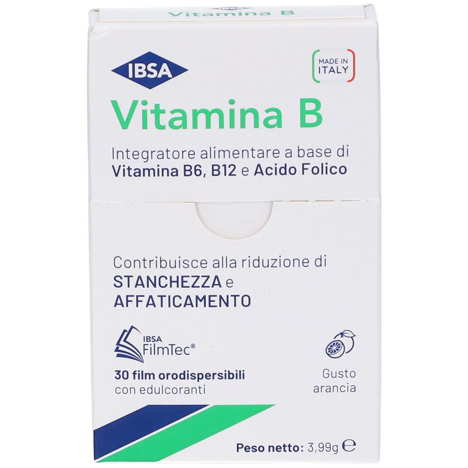 Confezione IBSA Vitamina B. 30 film, gusto arancia. Contiene informazioni e peso.