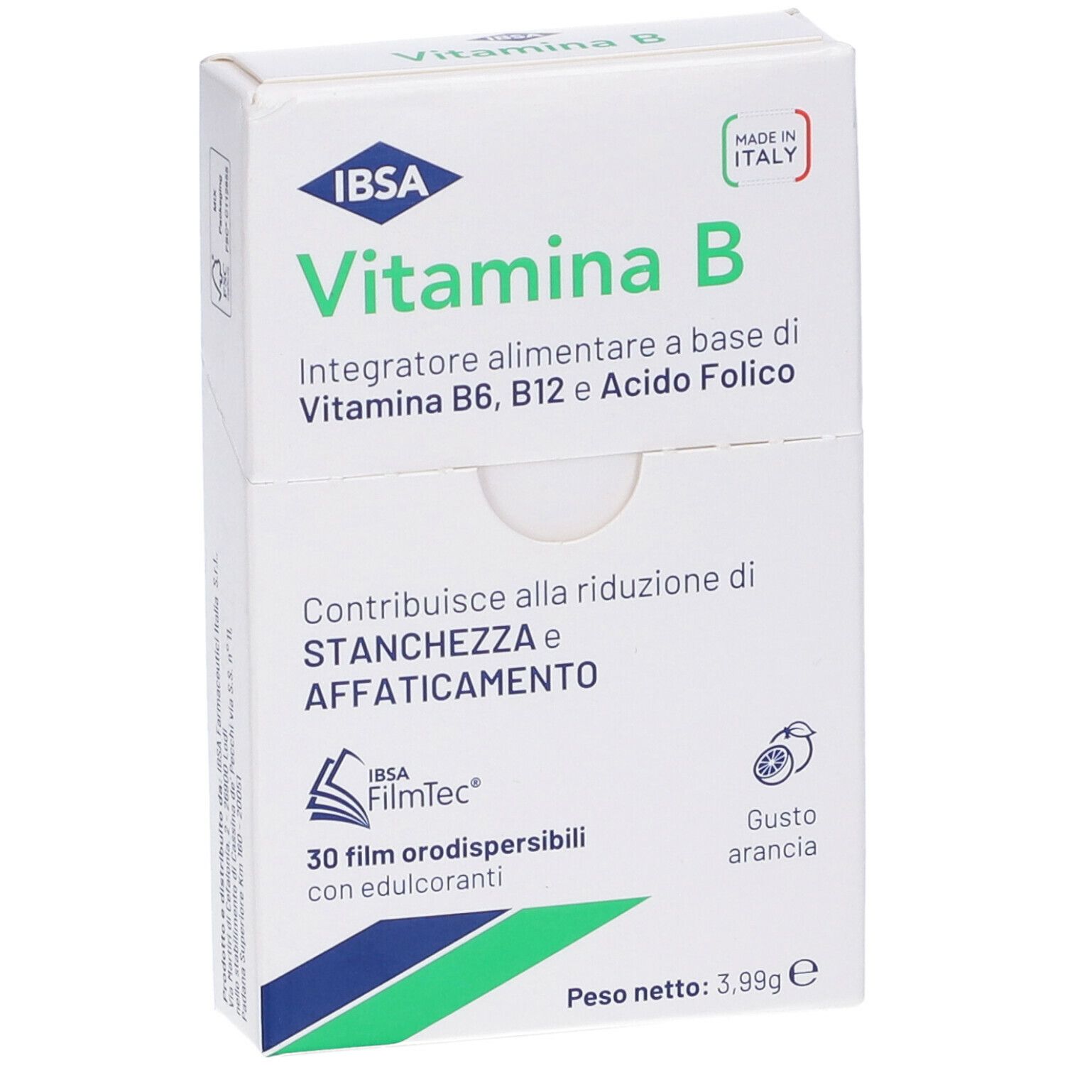 Confezione IBSA Vitamina B. 30 film, gusto arancia. Contiene informazioni e peso.
