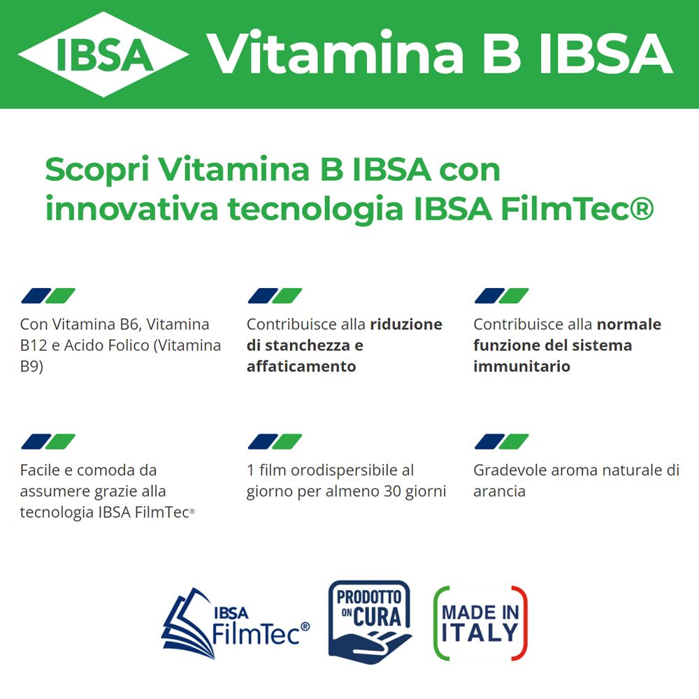Infografica su IBSA Vitamina B. Vantaggi: riduzione stanchezza, sistema immunitario, ecc. Made in Italy.