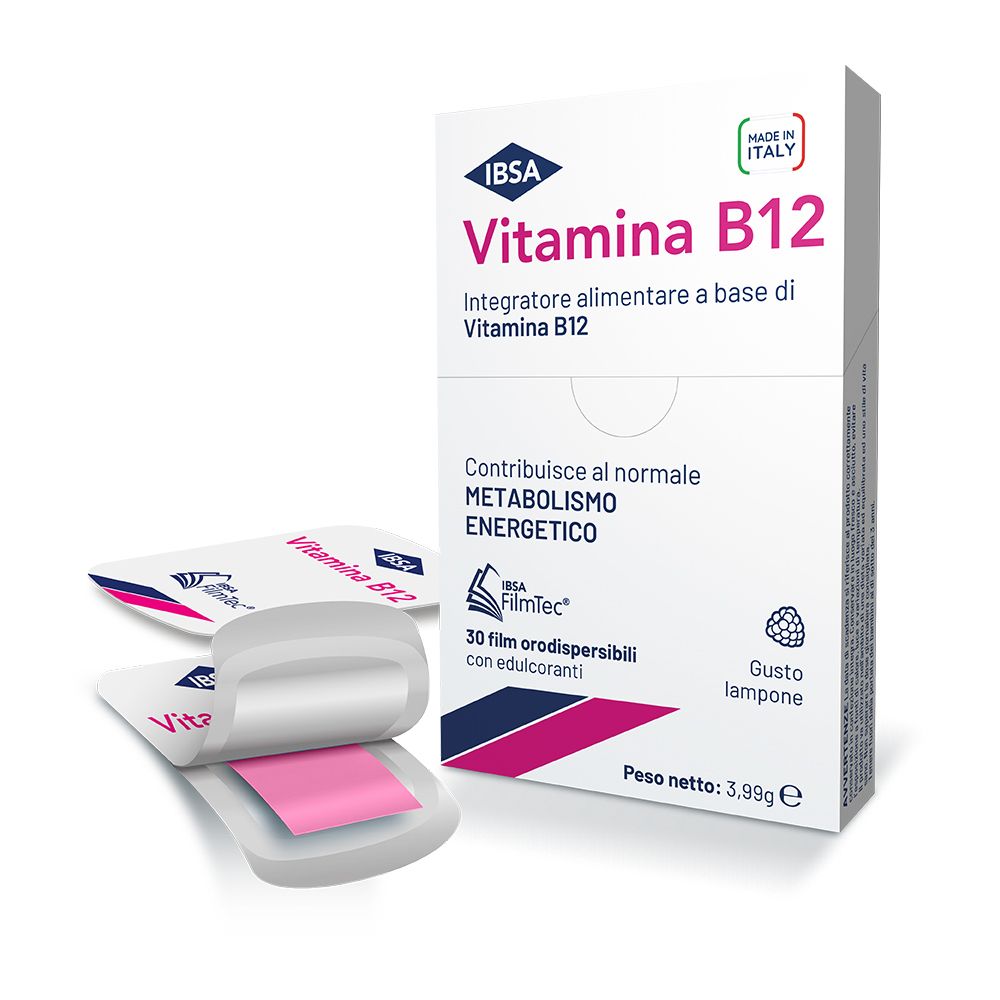 Confezione di Vitamina B12 IBSA, 30 film orodispersibili. Strisce rosa accanto.