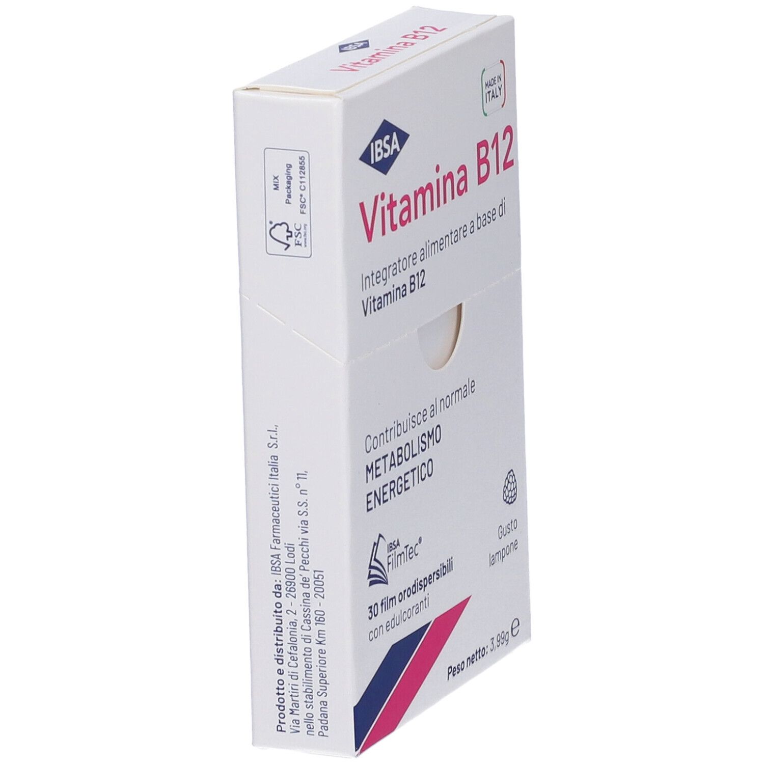 Confezione Vitamina B12 IBSA, in diagonale. Testo: Contribuisce al normale METABOLISMO ENERGETICO.