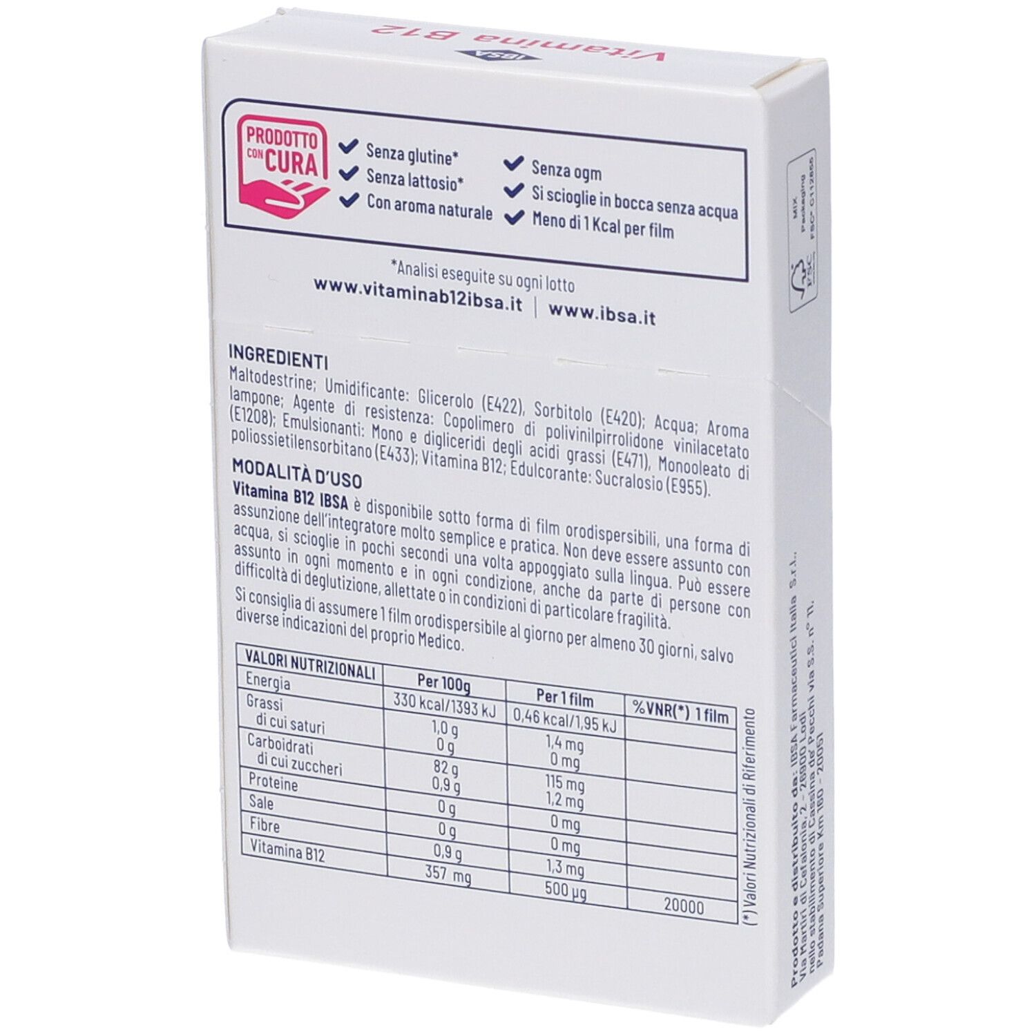 Retro della confezione Vitamina B12 IBSA. Ingredienti, tabella nutrizionale, istruzioni.