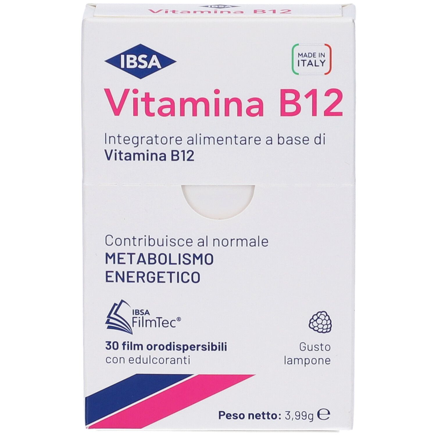 Confezione Vitamina B12 IBSA. Testo: Integratore alimentare a base di Vitamina B12.