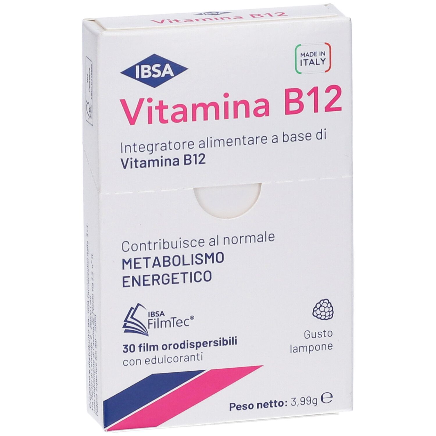 Confezione Vitamina B12 IBSA. Testo: Contribuisce al normale METABOLISMO ENERGETICO.