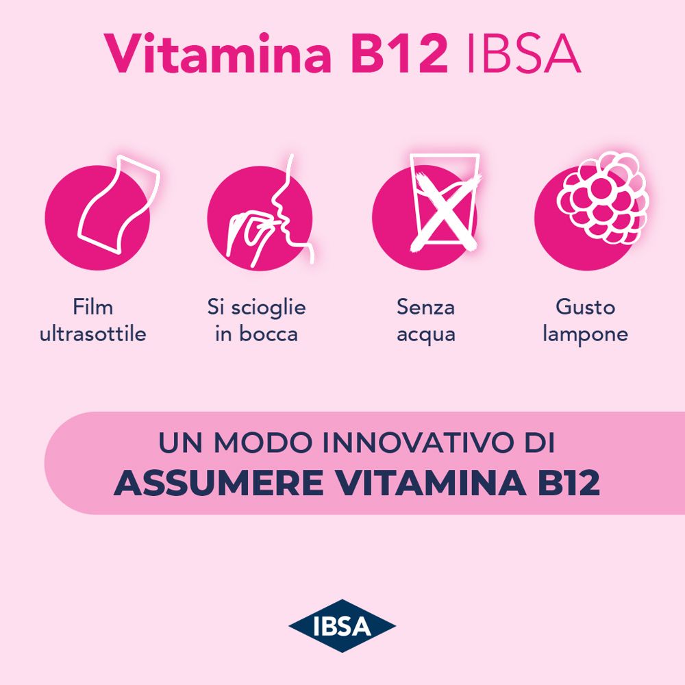 Grafica: Vitamina B12 IBSA. Simboli: film, si scioglie in bocca, senza acqua, gusto lampone.
