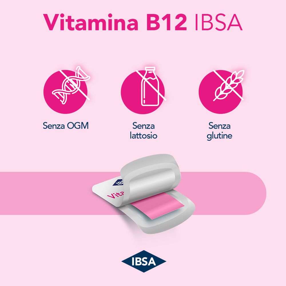 Grafica: Vitamina B12 IBSA. Simboli: Senza OGM, senza lattosio, senza glutine. Film.