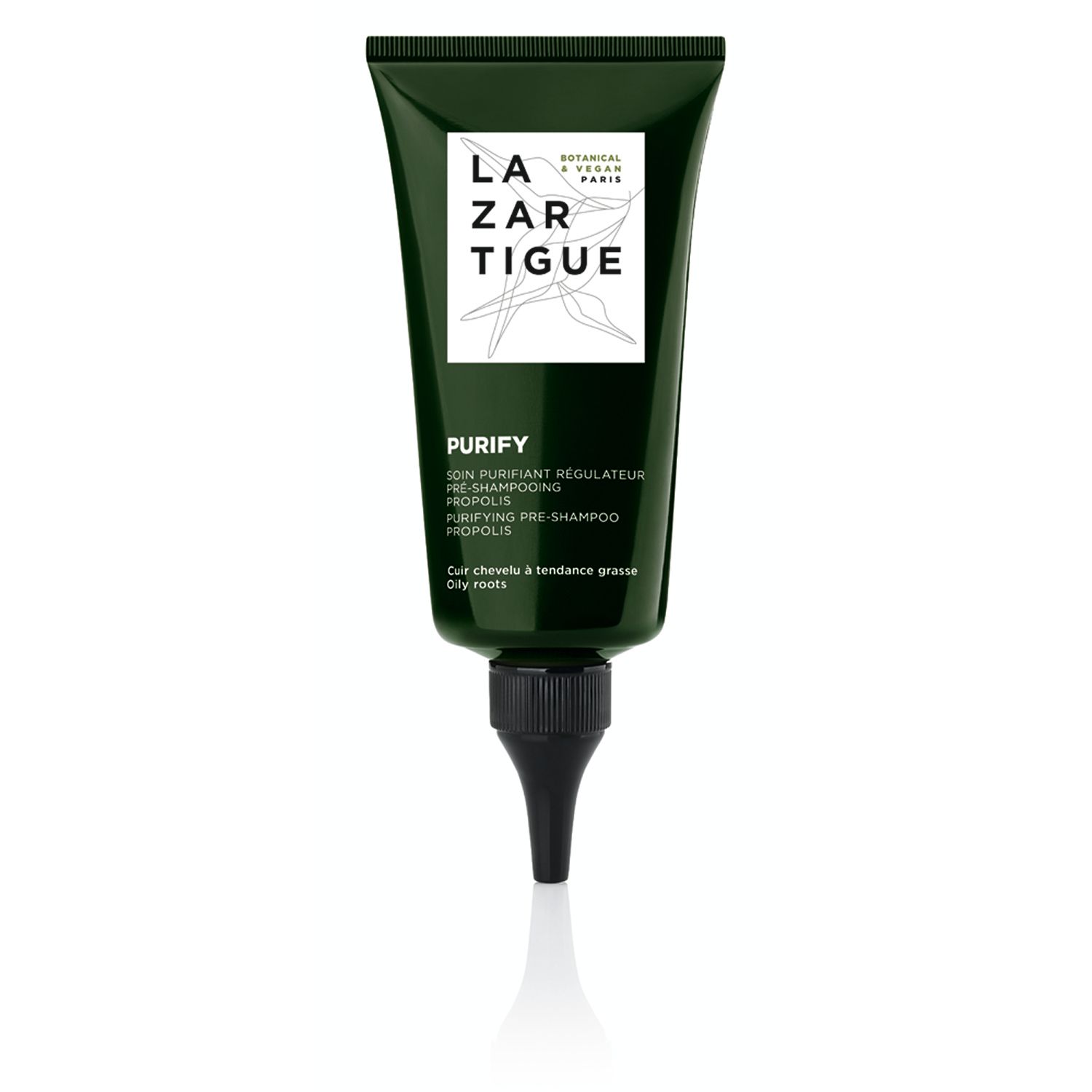 Tubo verde con tappo nero. Scritta: LAZARTIGUE PURIFY. Testo: SOIN PURIFIANT REGULATEUR.
