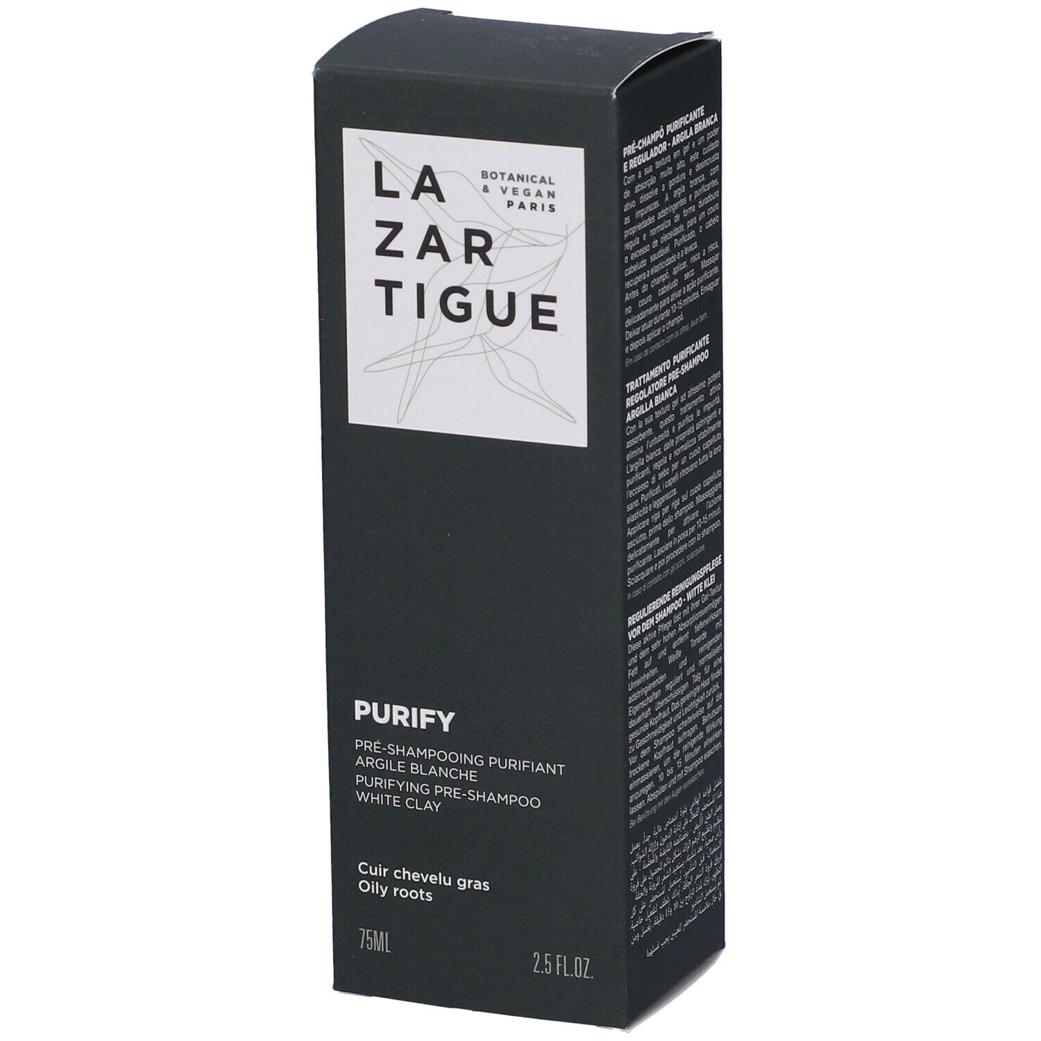 Scatola nera. Scritta: LAZARTIGUE PURIFY. Testo: PRE-SHAMPOOING PURIFIANT ARGILE BLANCHE.