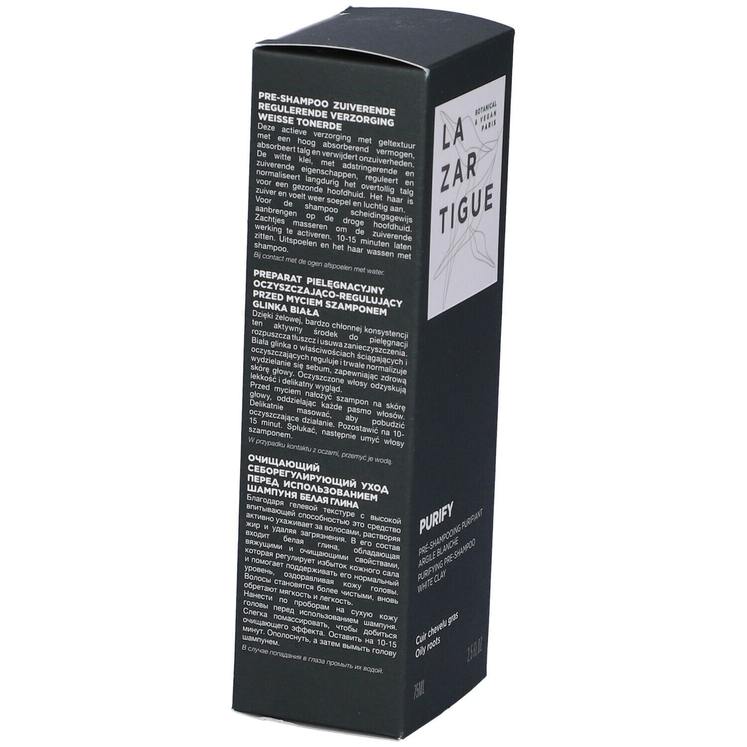 Scatola nera. Testo in più lingue. Scritta: LAZARTIGUE PURIFY. PRE-SHAMPOOING PURIFIANT.