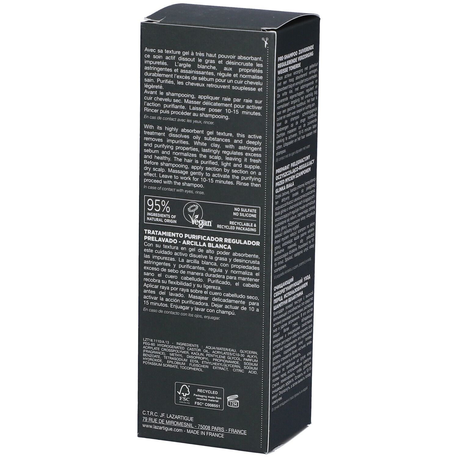 Scatola nera. Testo in più lingue. Scritta: LAZARTIGUE PURIFY. 95% ingredienti di origine naturale.