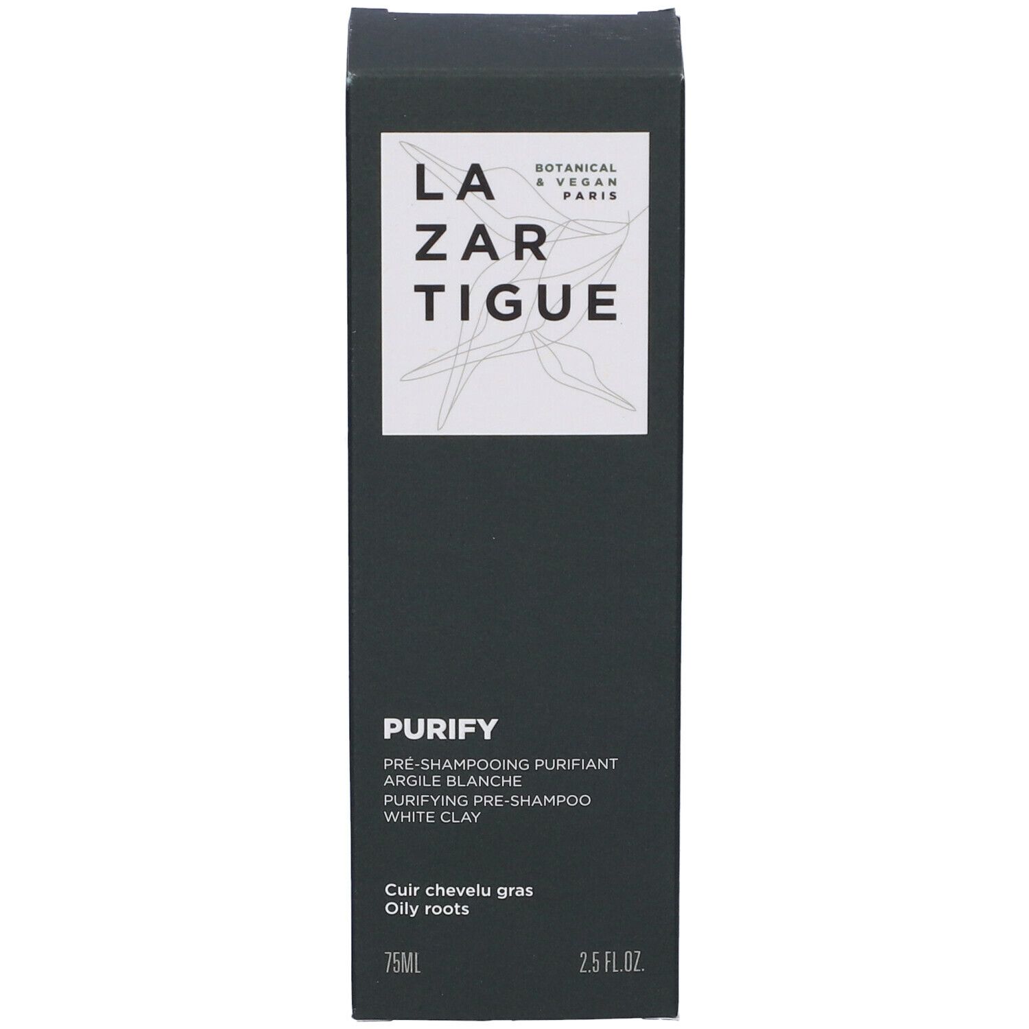 Scatola nera. Scritta: LAZARTIGUE PURIFY. Testo: PRE-SHAMPOOING PURIFIANT ARGILE BLANCHE.