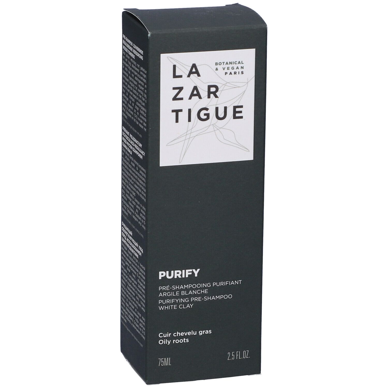 Scatola nera. Scritta: LAZARTIGUE PURIFY. Testo: PRE-SHAMPOOING PURIFIANT ARGILE BLANCHE.
