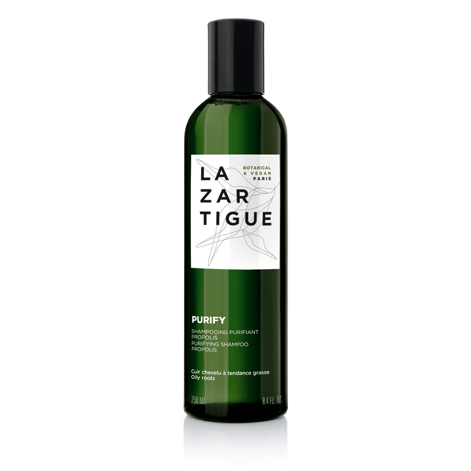 Flacone verde con tappo nero. Scritta LAZARTIGUE PURIFY. Botanico & Vegano Paris. Shampoo per radici grasse.