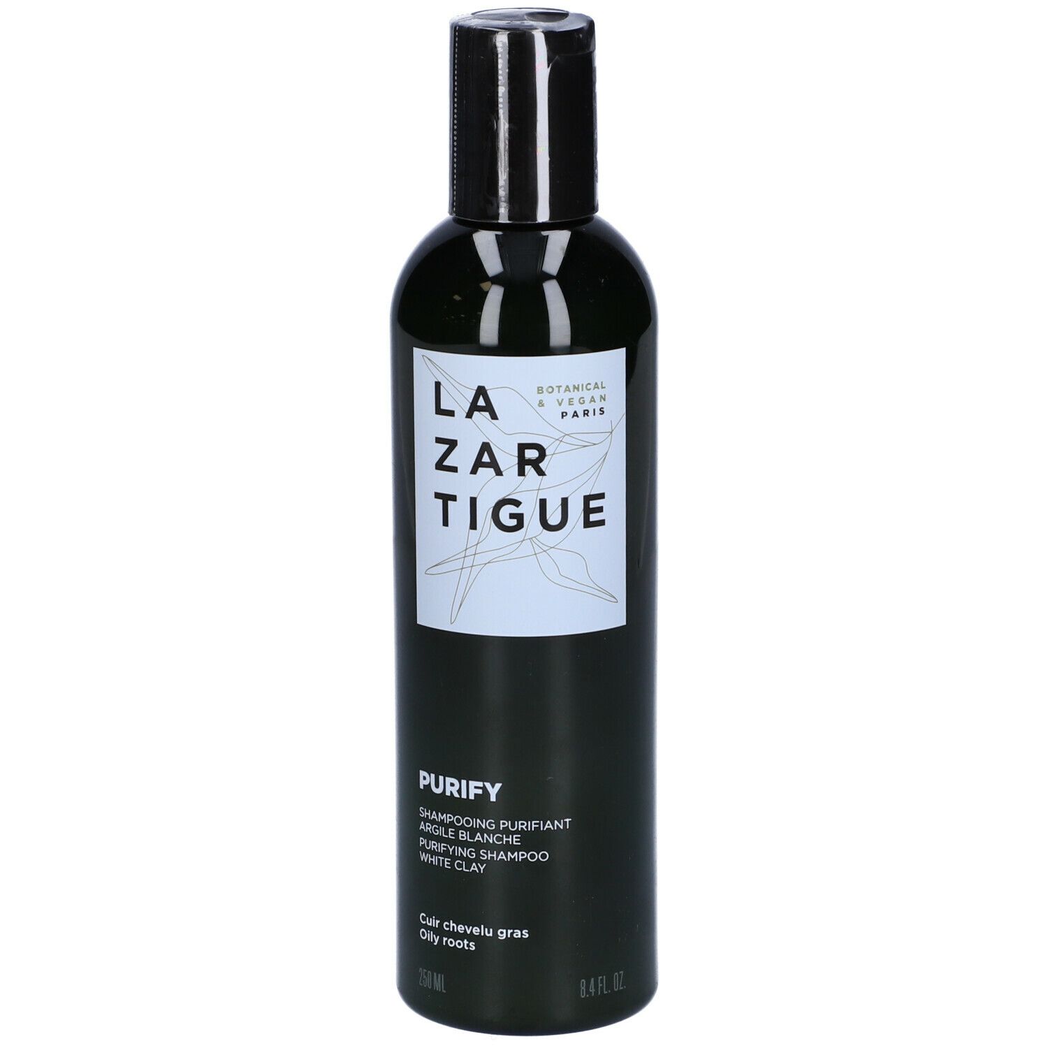 Flacone nero con tappo nero. Scritta LAZARTIGUE PURIFY. Shampooing Purifiant Argile Blanche. Per radici grasse.