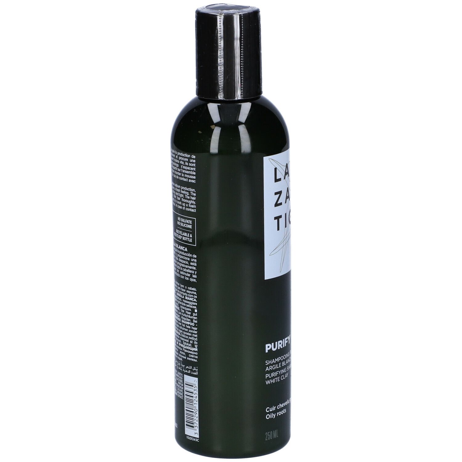 Flacone verde con tappo nero. Retro con testo. Scritta LAZARTIGUE PURIFY. Logo Vegan. Per radici grasse.