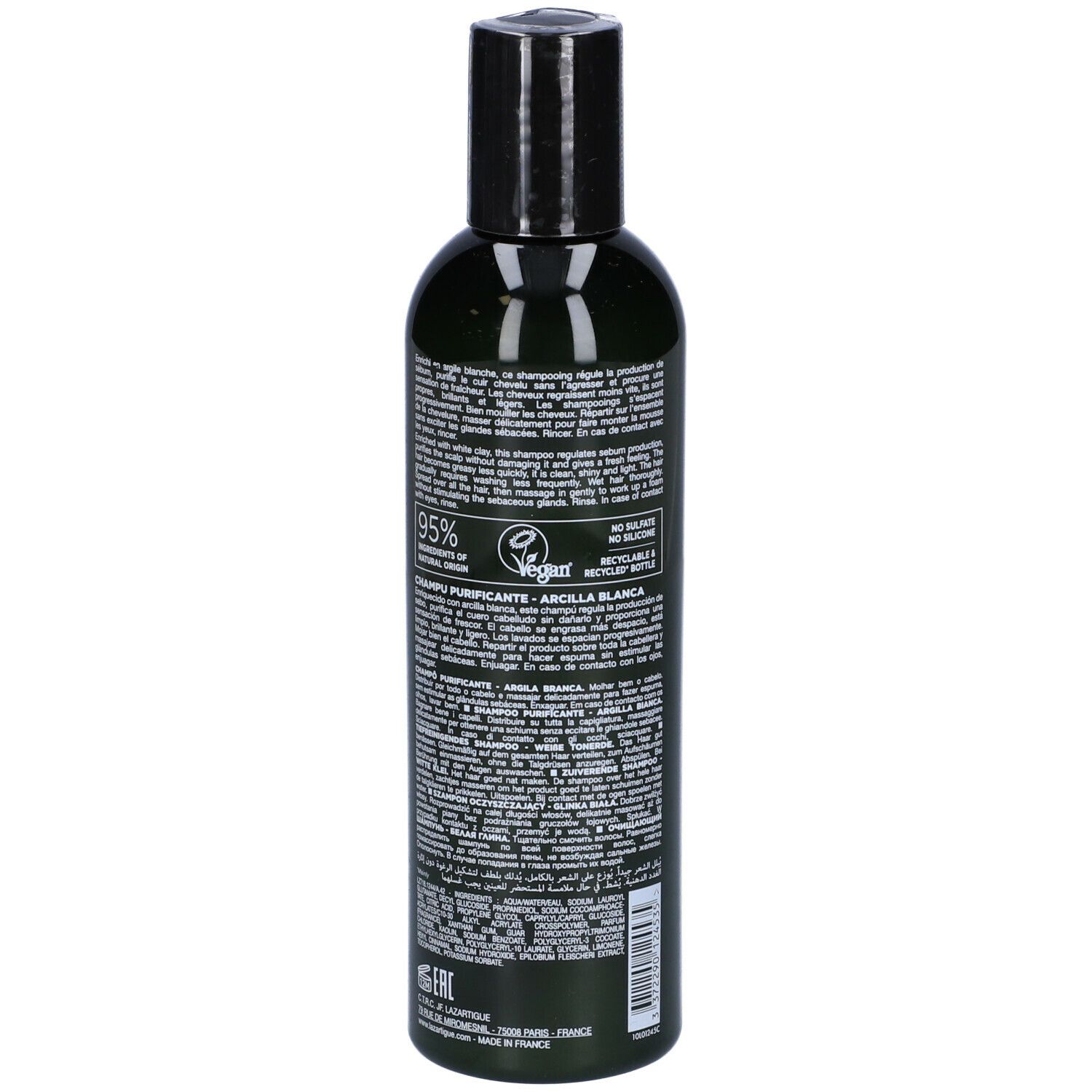 Flacone verde con tappo nero. Retro con testo. Scritta LAZARTIGUE PURIFY. Logo Vegan. Per radici grasse.
