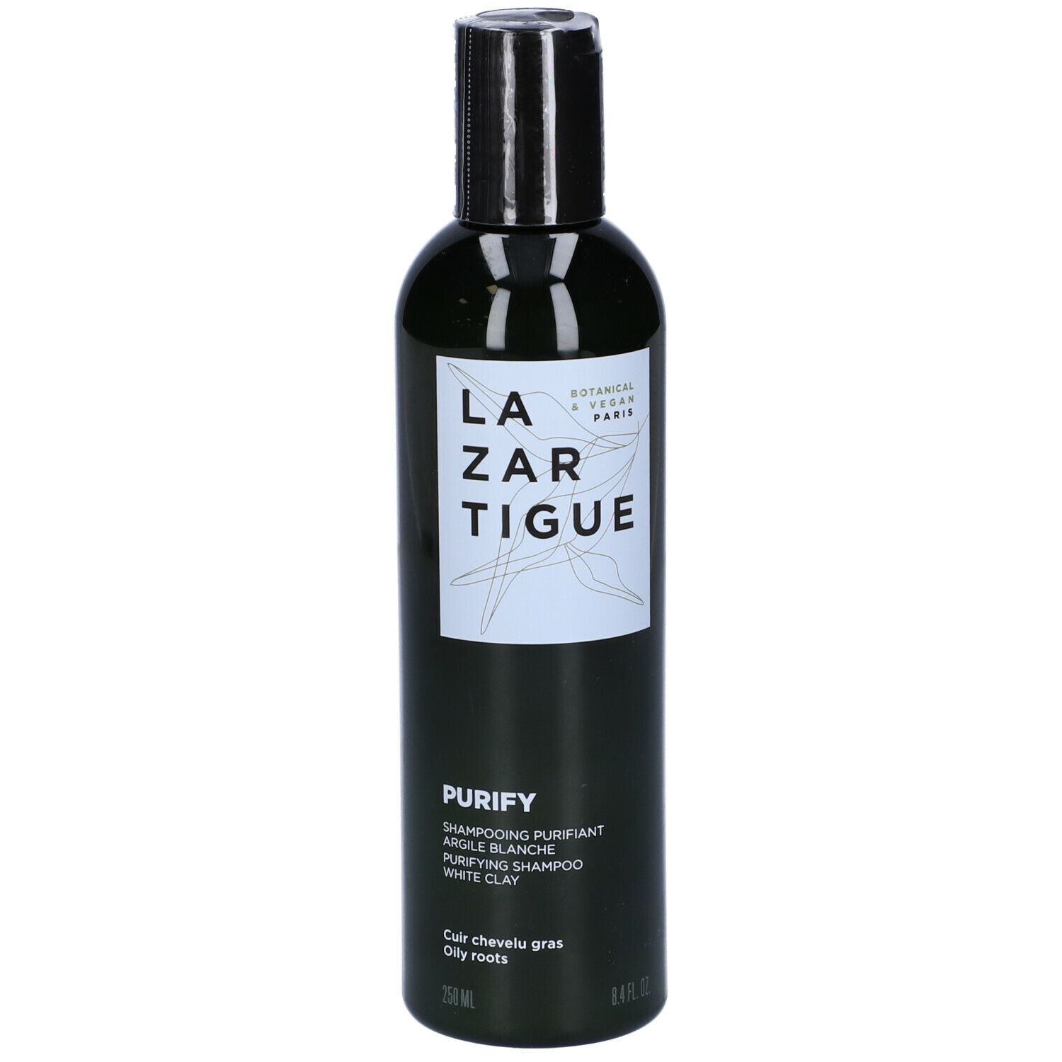 Flacone nero con tappo nero. Scritta LAZARTIGUE PURIFY. Shampooing Purifiant Argile Blanche. Per radici grasse.