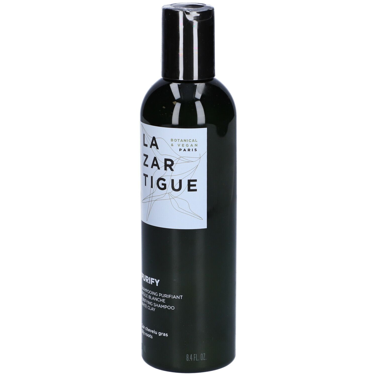 Flacone nero con tappo nero. Scritta LAZARTIGUE PURIFY. Shampooing Purifiant Argile Blanche. Per radici grasse.