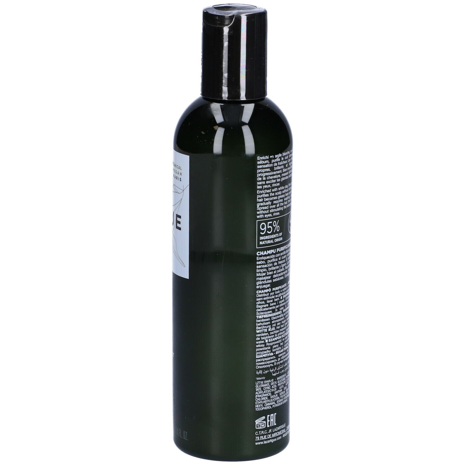 Flacone verde con tappo nero. Retro con testo. Scritta LAZARTIGUE PURIFY. Logo Vegan. Per radici grasse.