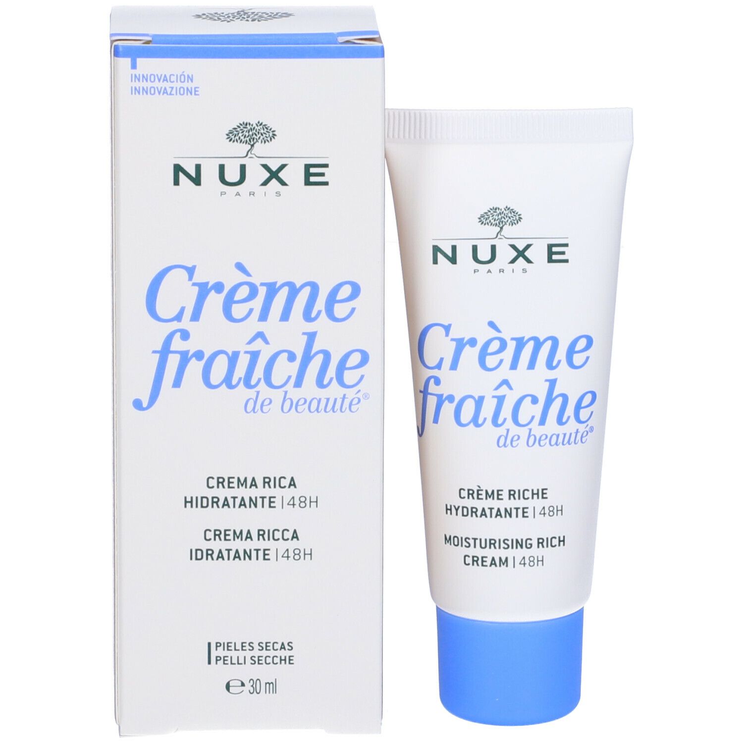 Confezione e tubo. Confezione: bianca con coperchio blu. Scritte: NUXE, Crème fraîche de beauté, Crème riche hydratante 48H.