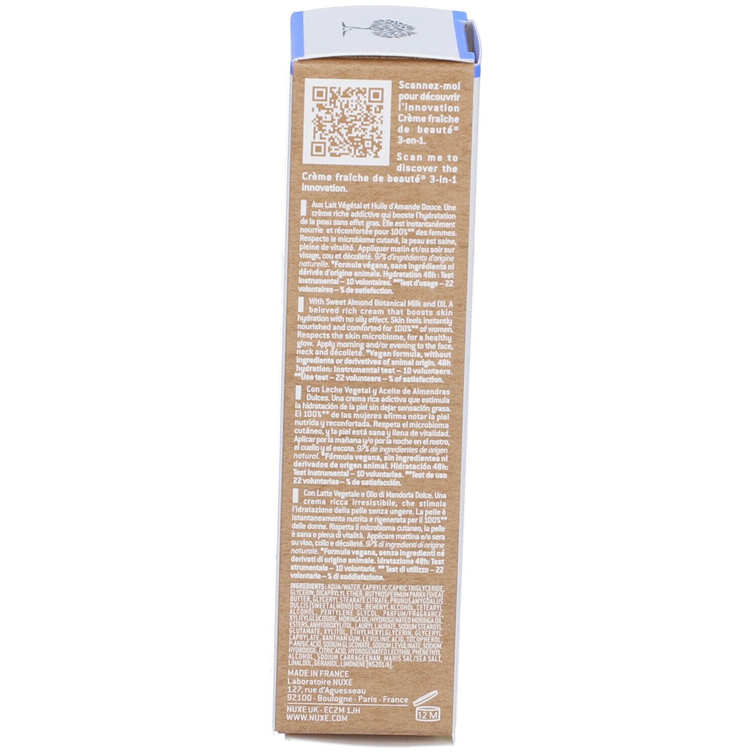 Confezione marrone con testo. Codice QR e informazioni su ingredienti e utilizzo in più lingue.