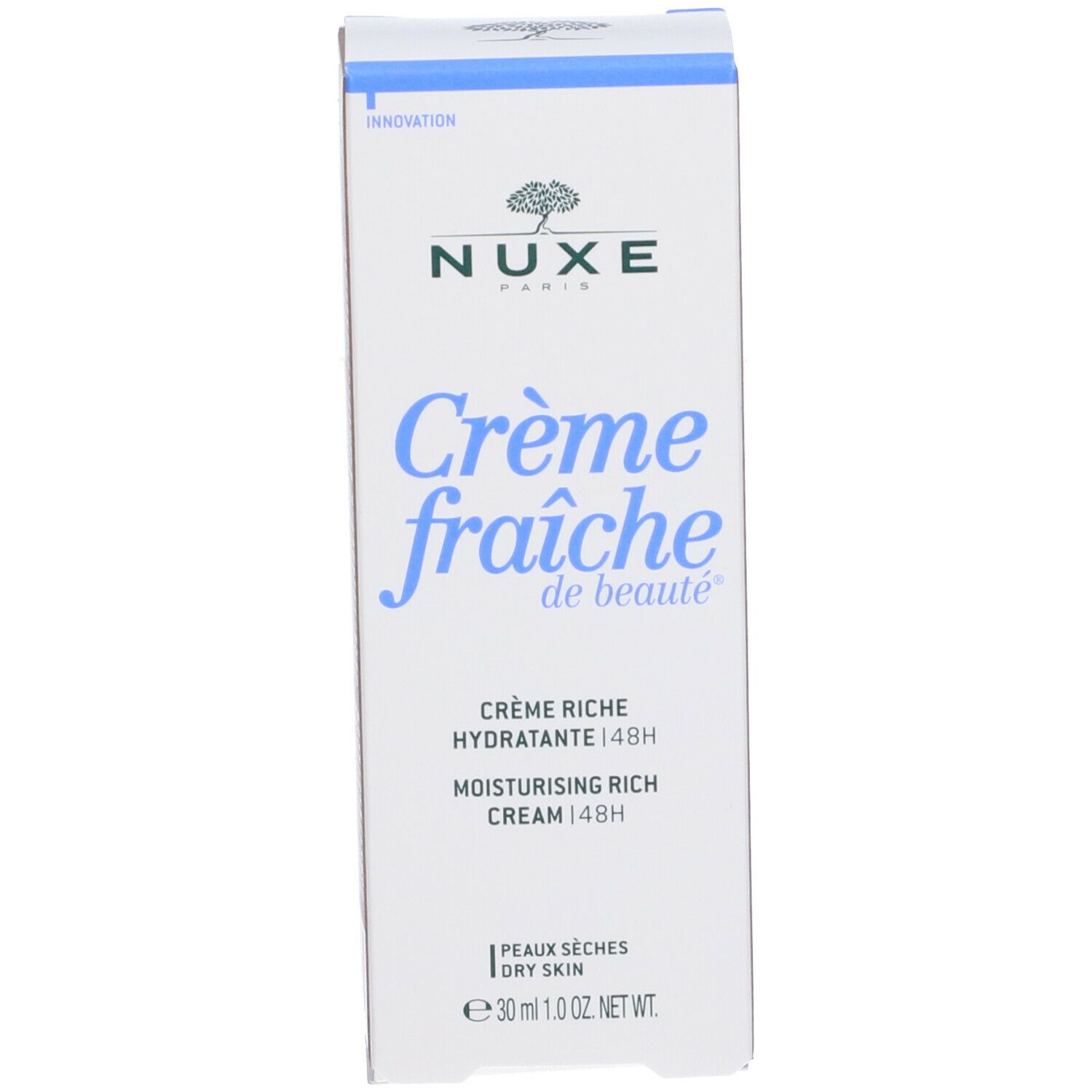 Confezione bianca con coperchio blu. Scritte: NUXE, Crème fraîche de beauté, Crème riche hydratante 48H, Pelli Secche.
