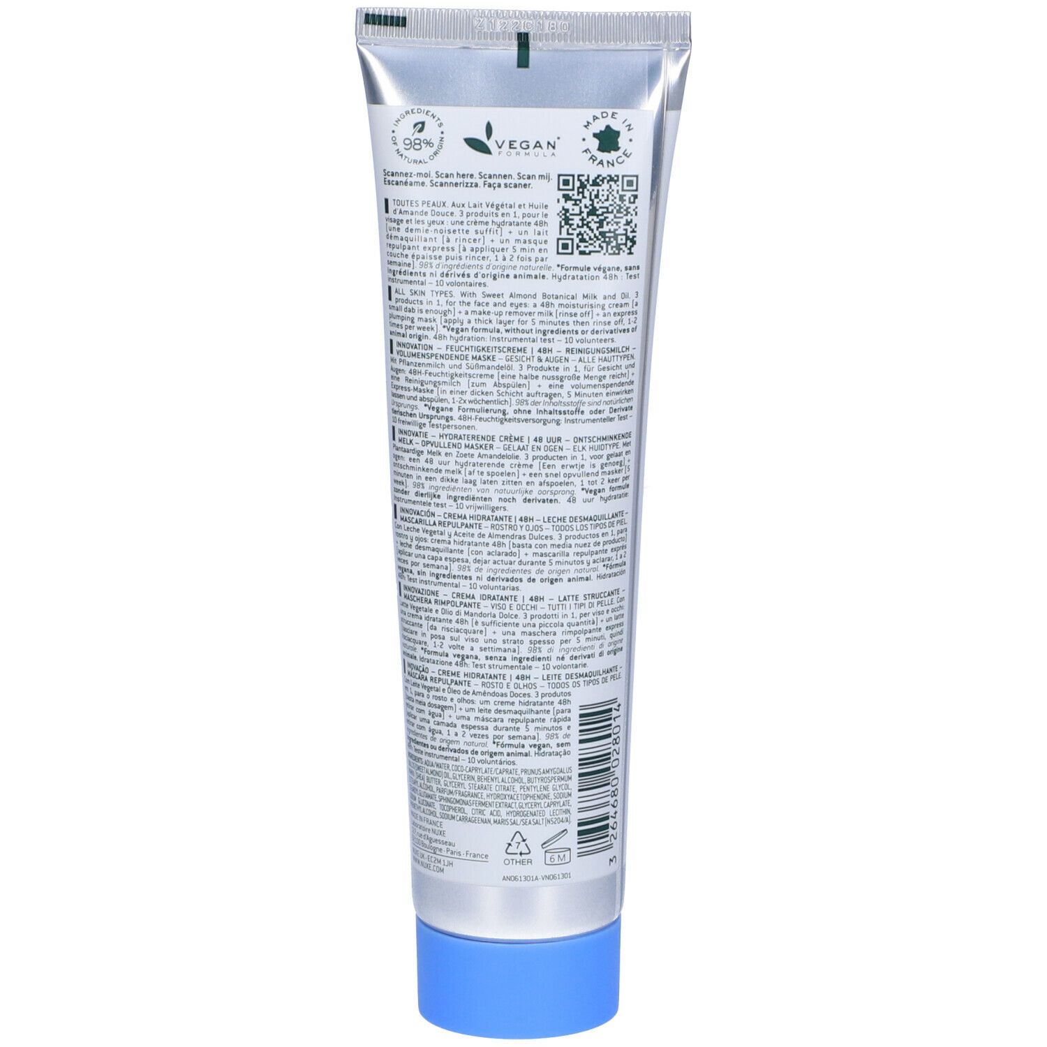 Retro del tubo di crema. Testo multilingue. Loghi: Vegan, Fatto in Francia. Codice QR.