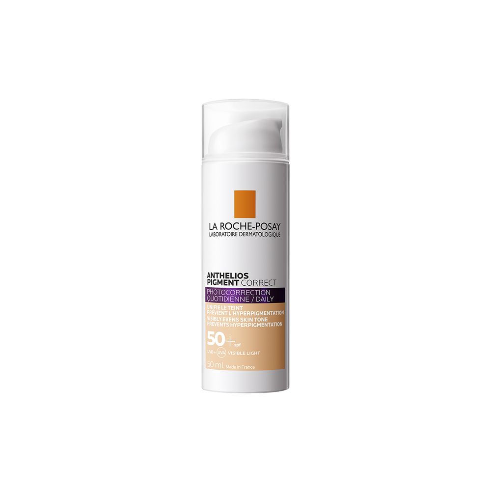 La Roche-Posay Anthelios Pigment Correct, tonalità LIGHT. Tubo bianco con dosatore. Blocco arancione con logo. SPF 50+.