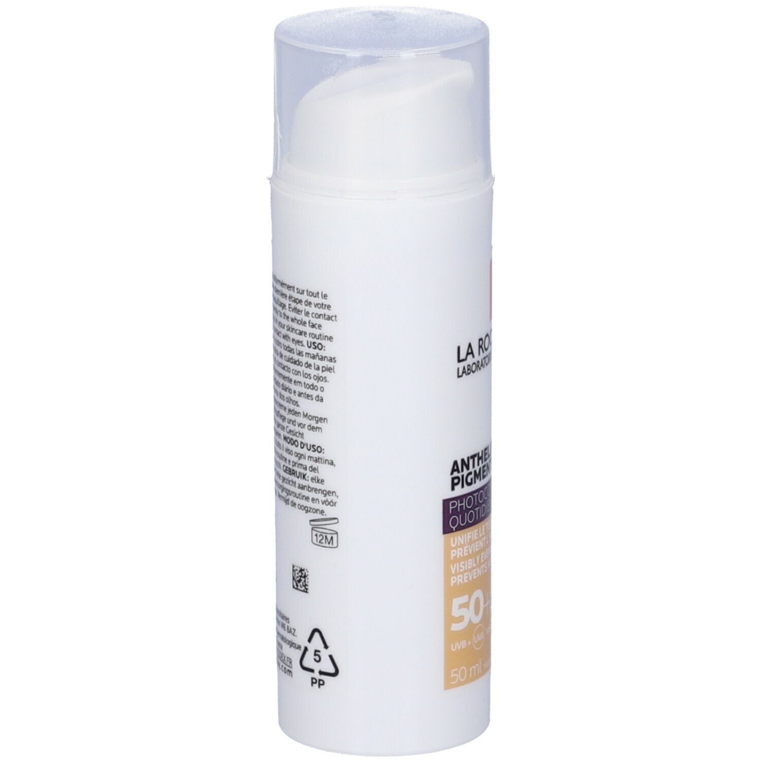 La Roche-Posay Anthelios Pigment Correct. Tubo bianco con testo. Dosatore. SPF 50+. Testo multilingue.