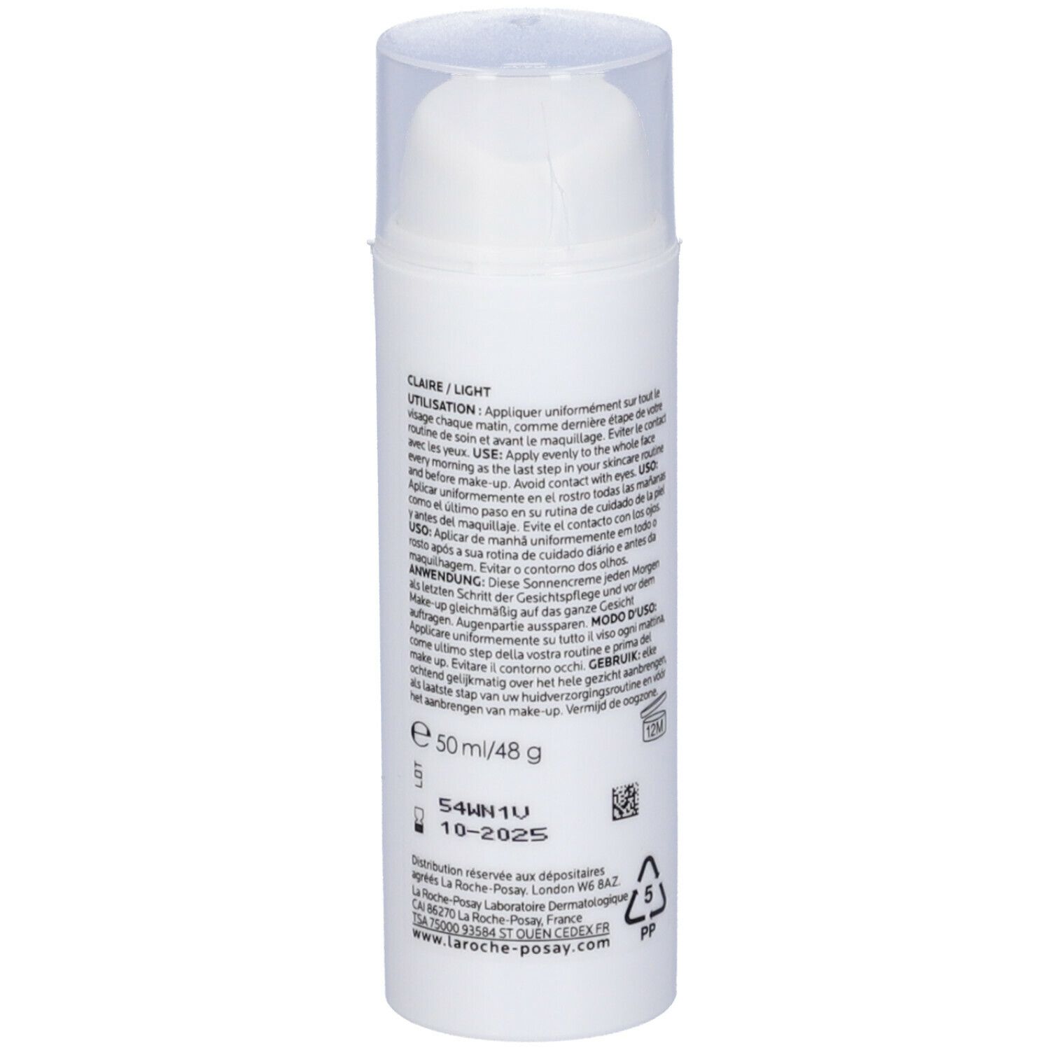 La Roche-Posay Anthelios Pigment Correct. Tubo bianco con testo. Dosatore. SPF 50+. Testo multilingue.
