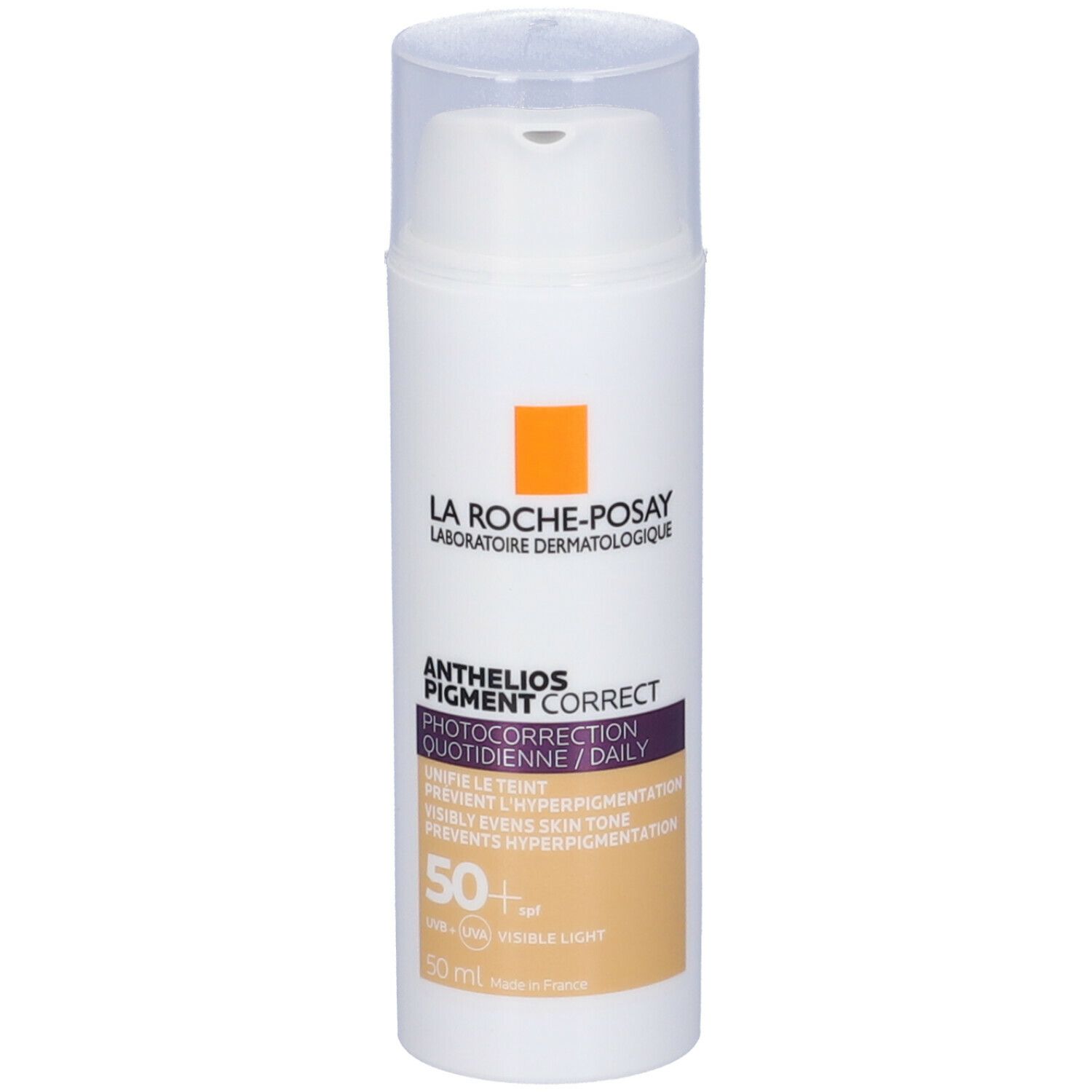 La Roche-Posay Anthelios Pigment Correct. Tubo bianco con testo. Dosatore. SPF 50+. Testo multilingue.