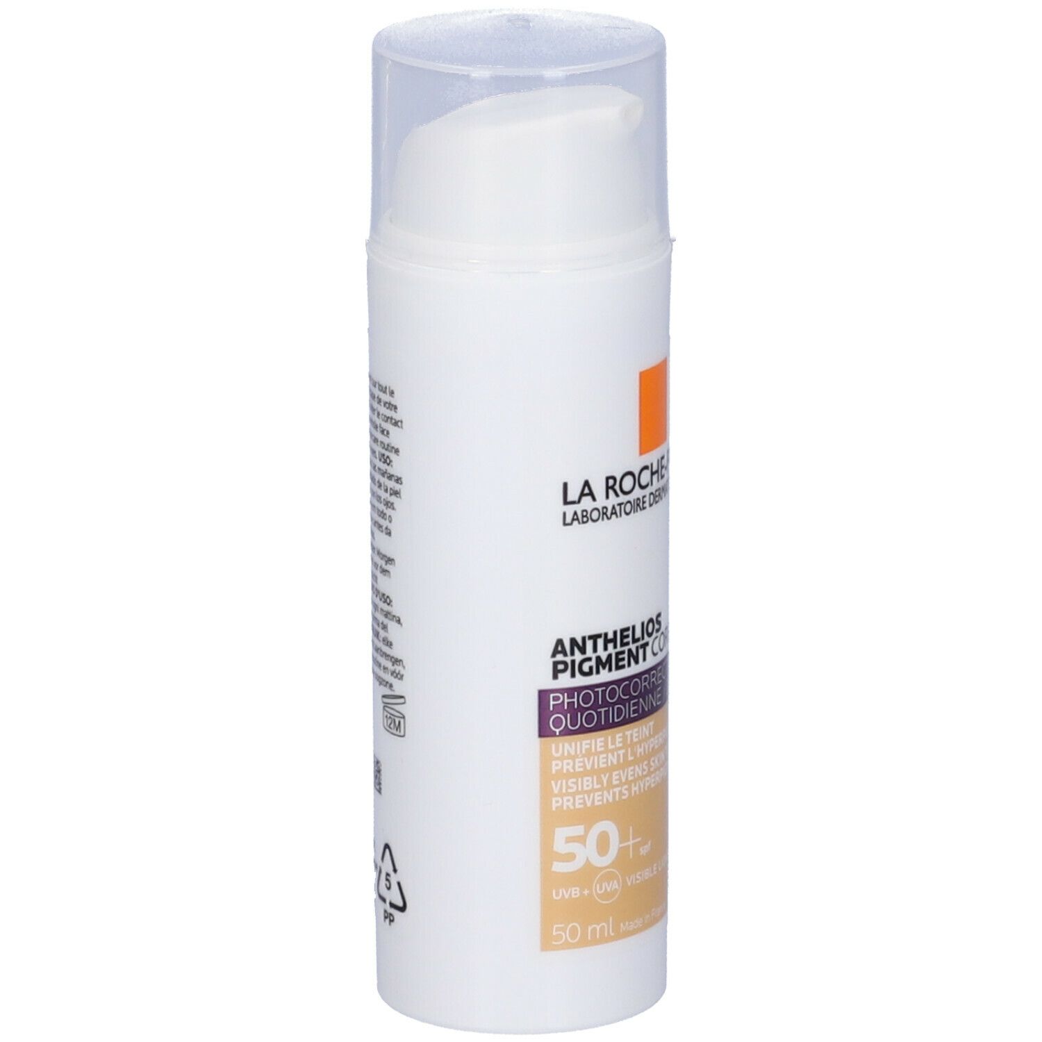 La Roche-Posay Anthelios Pigment Correct. Tubo bianco con testo. Dosatore. SPF 50+. Testo multilingue.