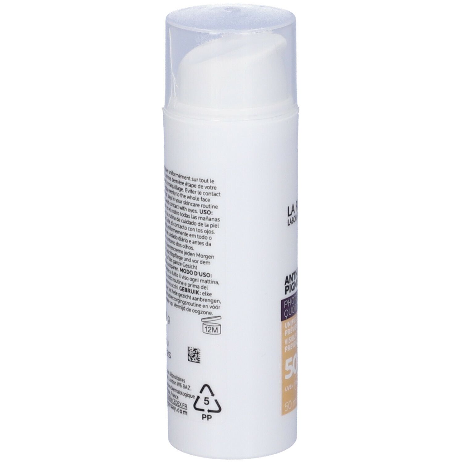 La Roche-Posay Anthelios Pigment Correct. Tubo bianco con testo. Dosatore. SPF 50+. Testo multilingue.