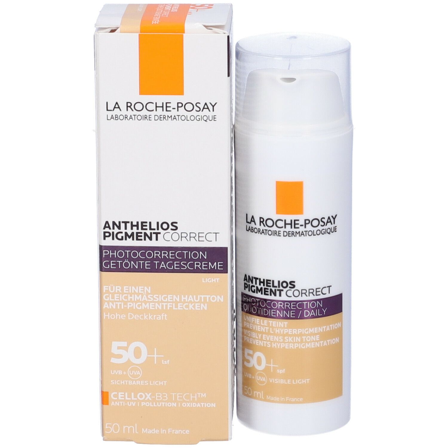 La Roche-Posay Anthelios Pigment Correct. Tubo e confezione. SPF 50+. Testo multilingue. Blocco arancione.