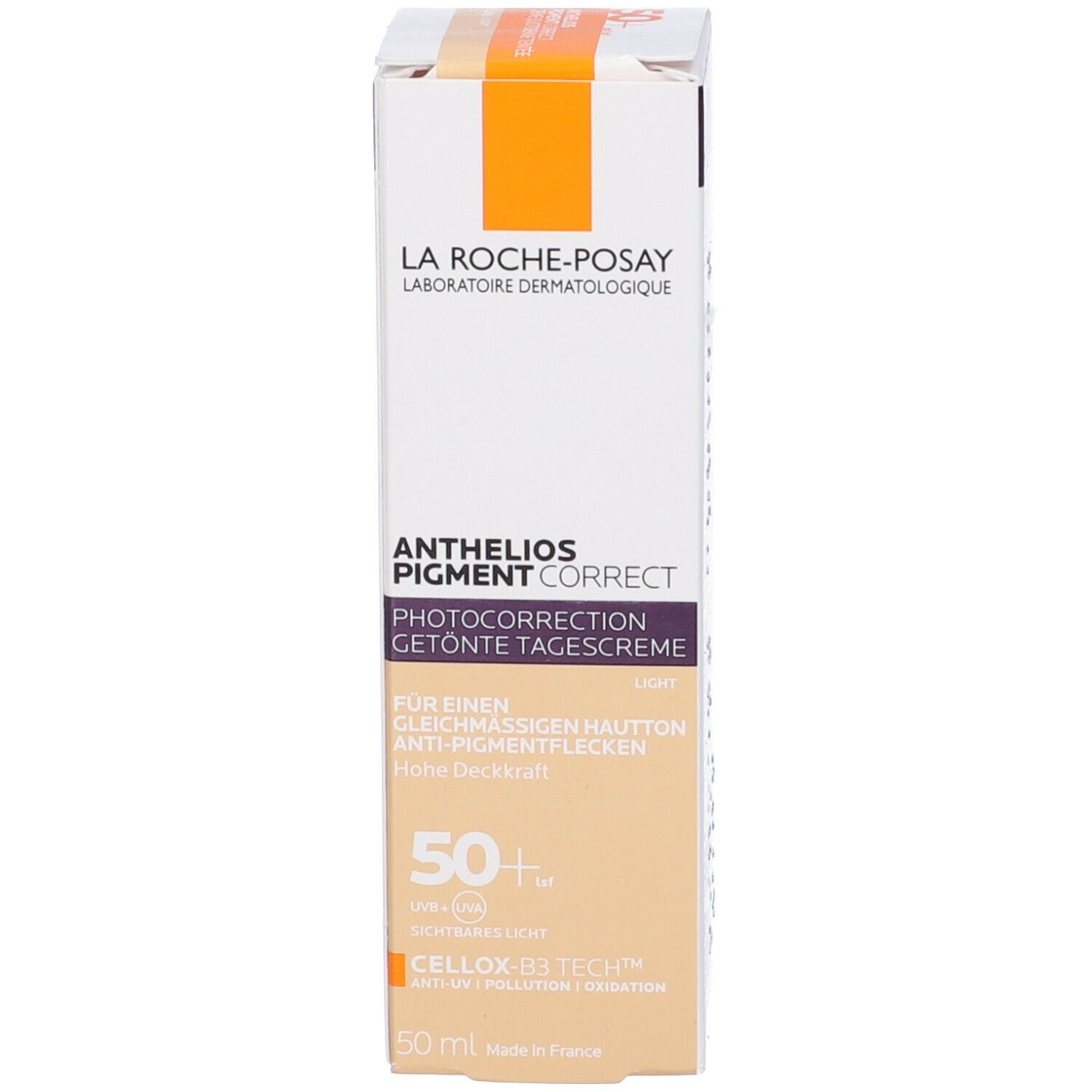 La Roche-Posay Anthelios Pigment Correct. Confezione. SPF 50+. Testo multilingue. Blocco arancione.