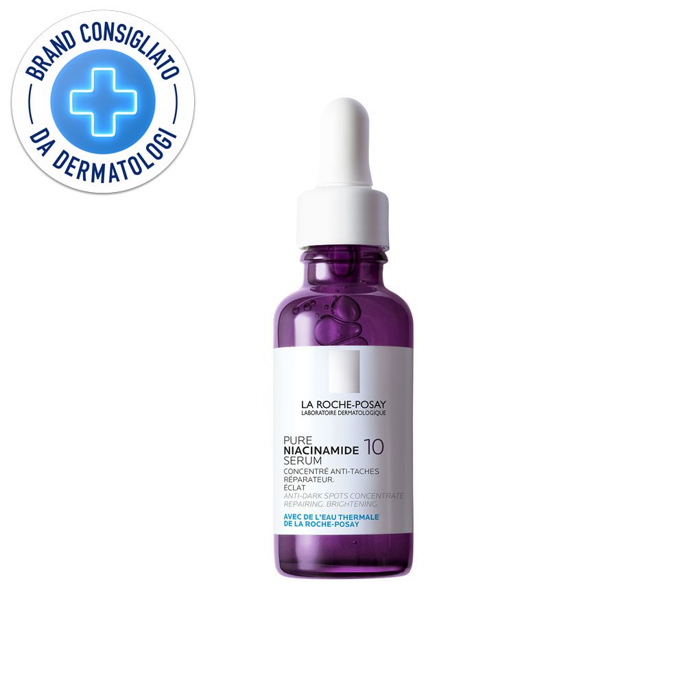 Flacone viola con pipetta. Scritta: La Roche-Posay Pure Niacinamide 10 Serum. Logo: Brand Consigliato da Dermatologi.
