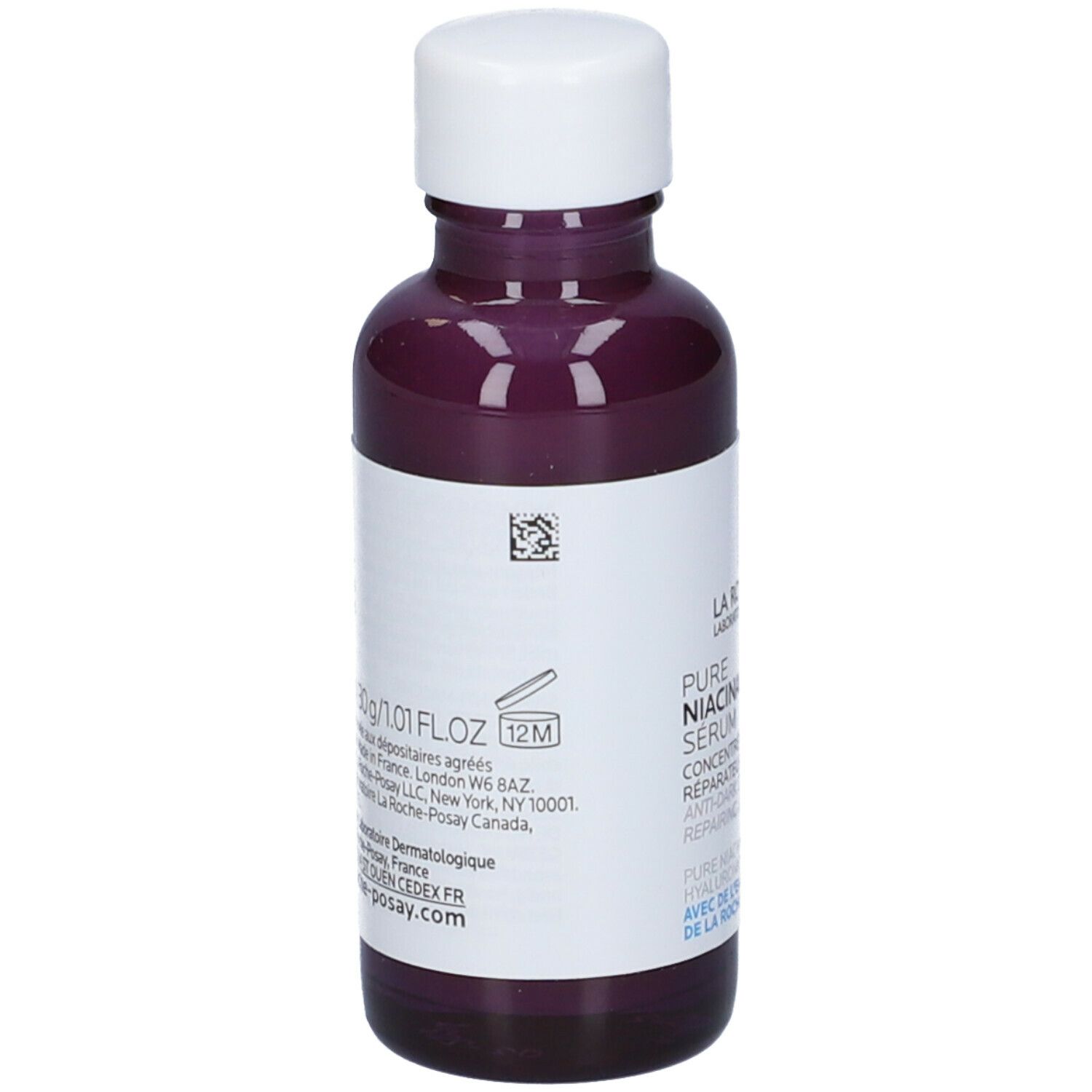 Flacone viola con tappo bianco. Scritta: La Roche-Posay Pure Niacinamide 10 Serum. Retro con testo e codice QR.