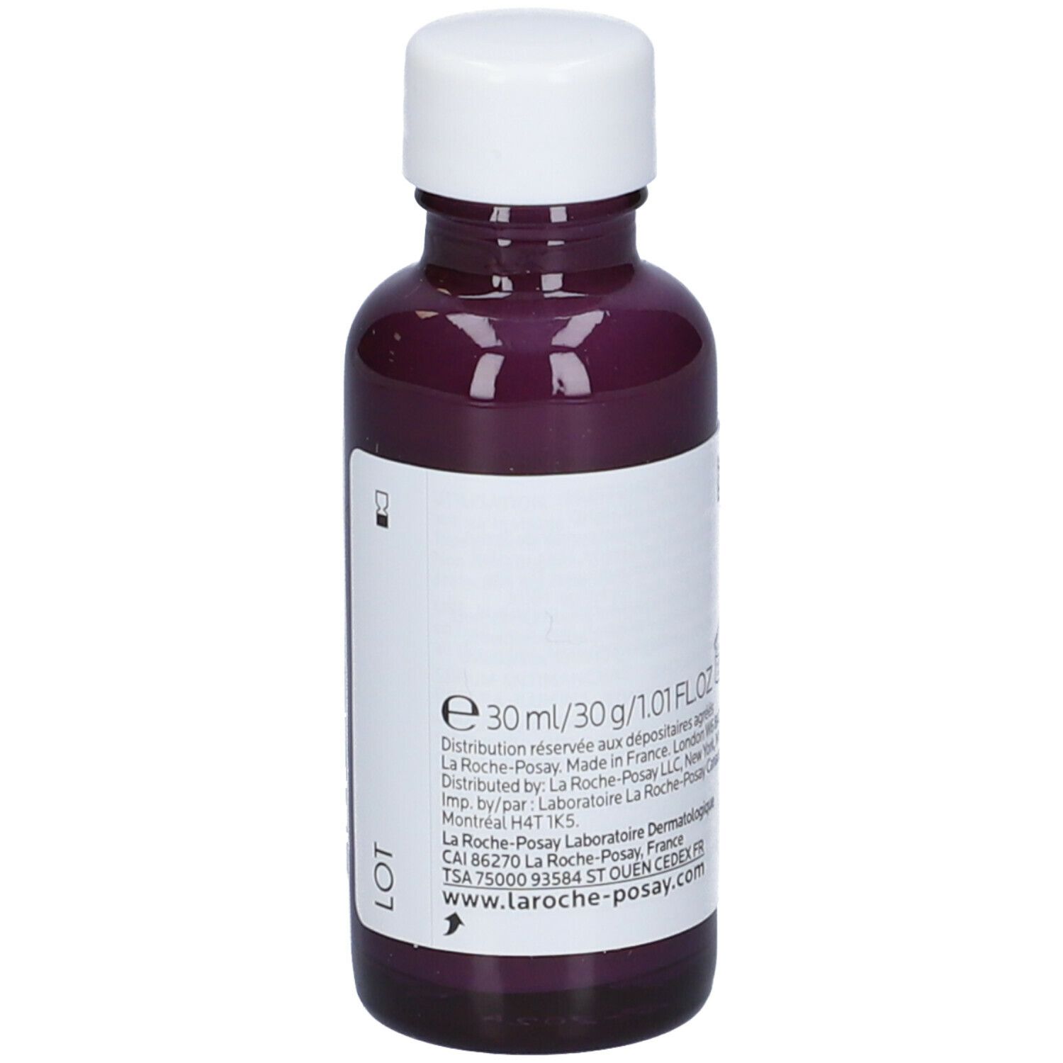 Flacone viola con tappo bianco. Scritta: La Roche-Posay Pure Niacinamide 10 Serum. Retro con testo.