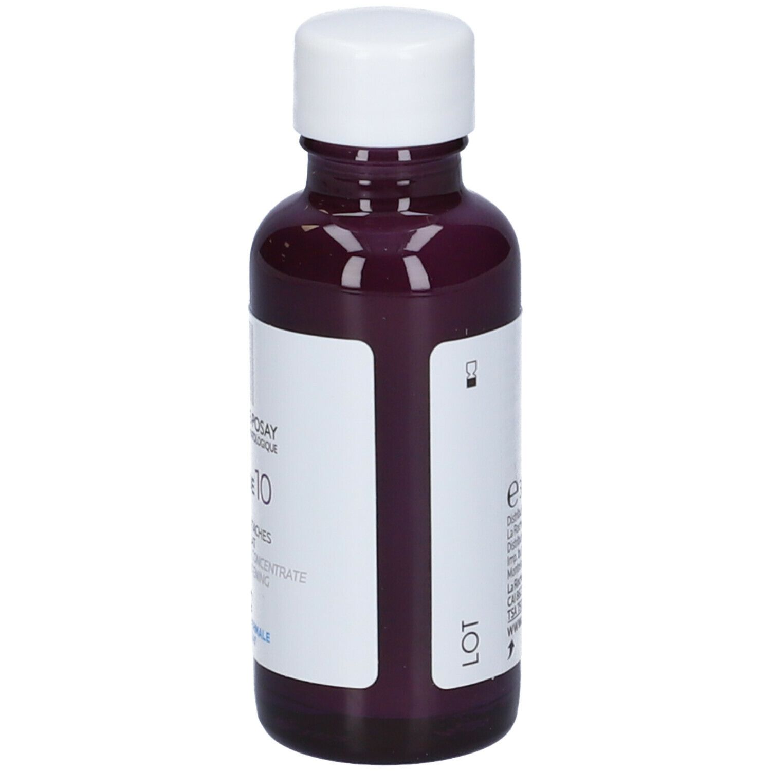Flacone viola con tappo bianco. Scritta: La Roche-Posay Pure Niacinamide 10 Serum. Retro con testo.