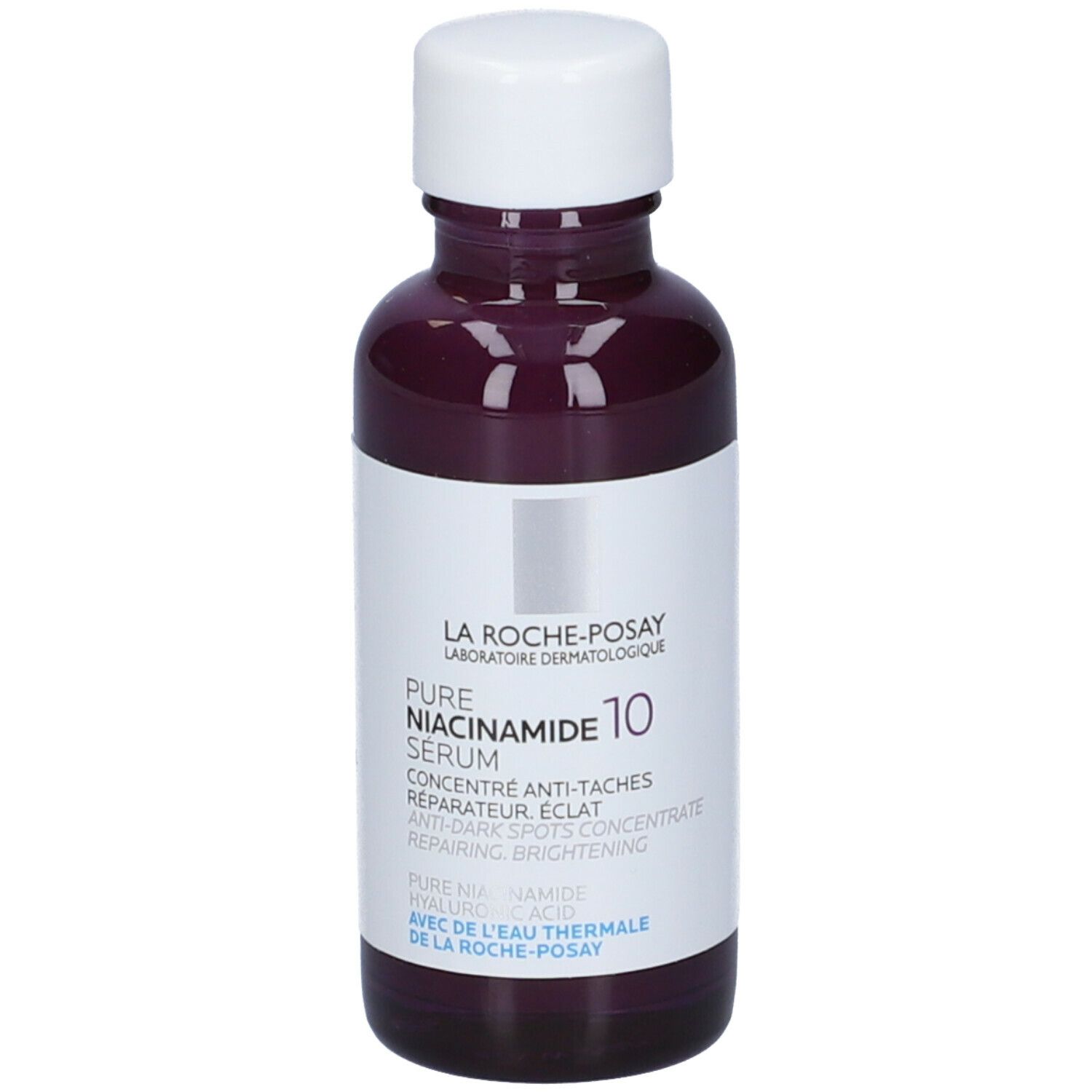 Flacone viola con tappo bianco. Scritta: La Roche-Posay Pure Niacinamide 10 Serum. Fronte con testo.