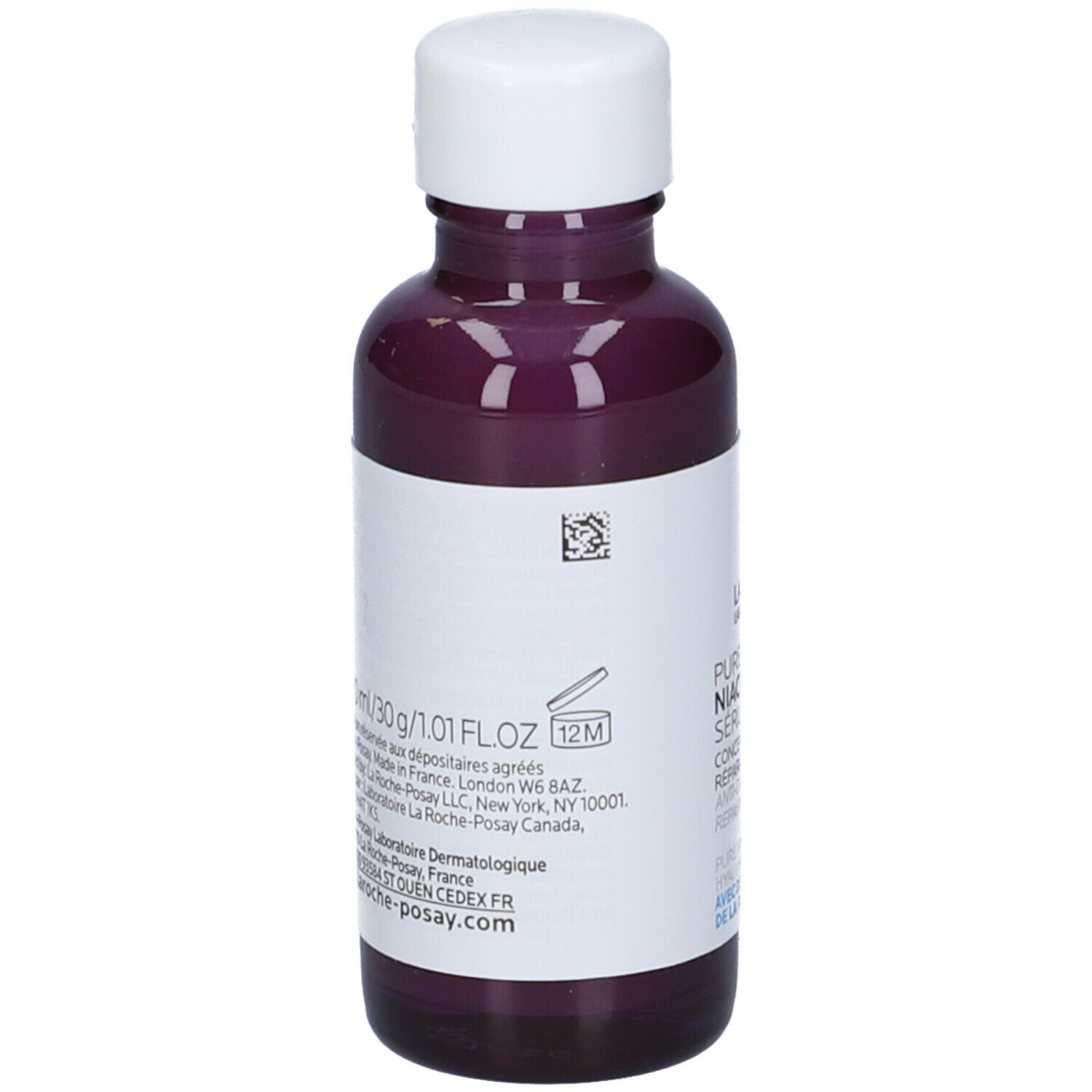 Flacone viola con tappo bianco. Scritta: La Roche-Posay Pure Niacinamide 10 Serum. Retro con testo.