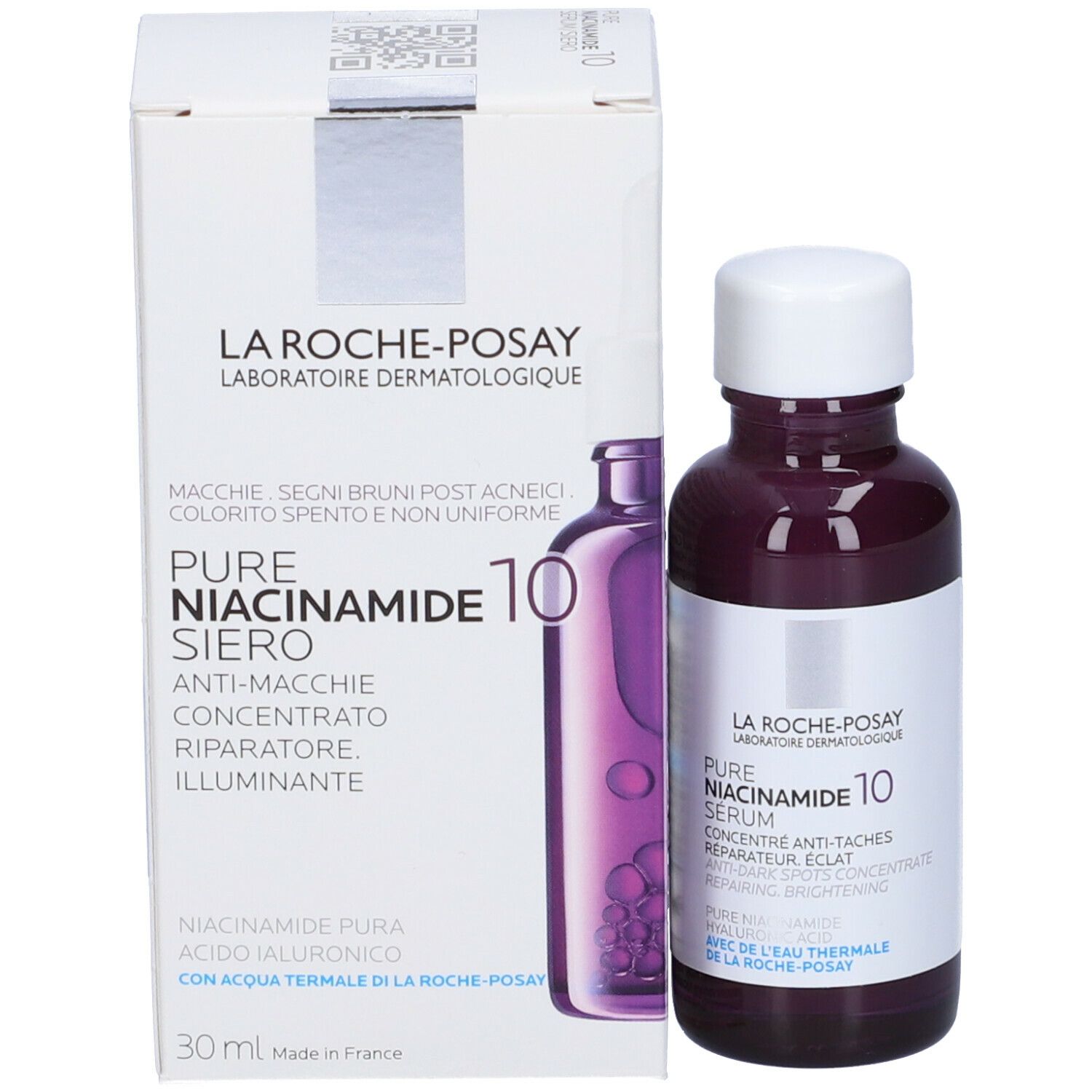 Flacone viola con tappo bianco e scatola. Scritta: La Roche-Posay Pure Niacinamide 10 Serum. Scatola con testo.