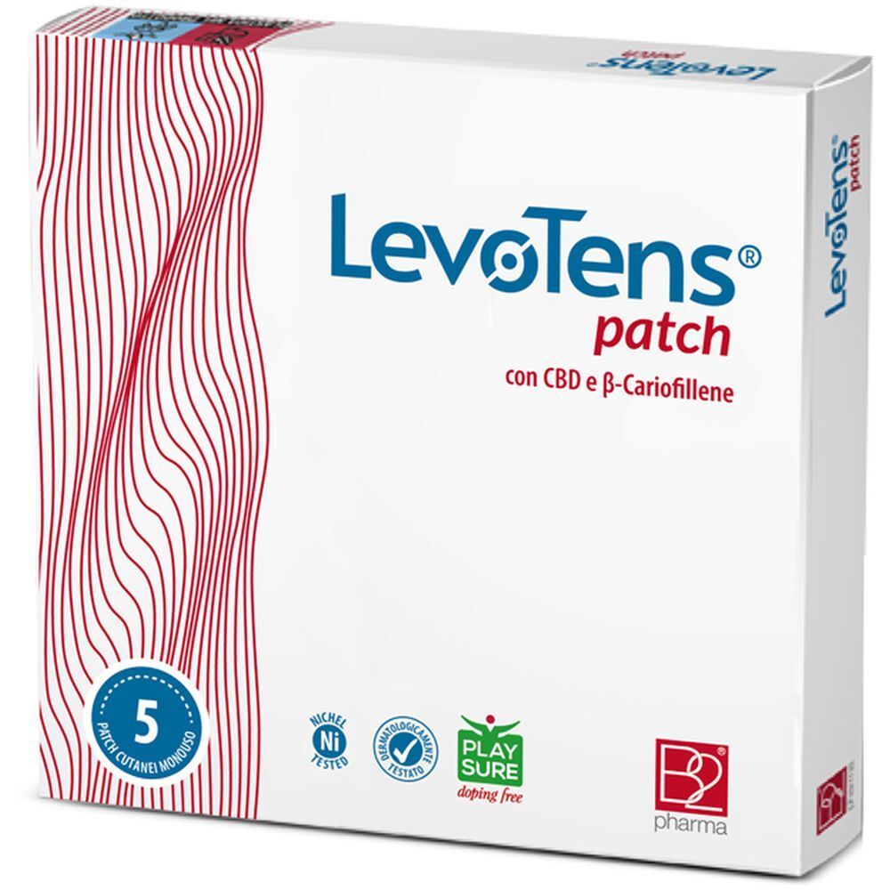 Confezione di Levotens Patch Cutaneo Monouso. 5 cerotti. Contiene CBD e β-Cariofillene. Nickel tested.