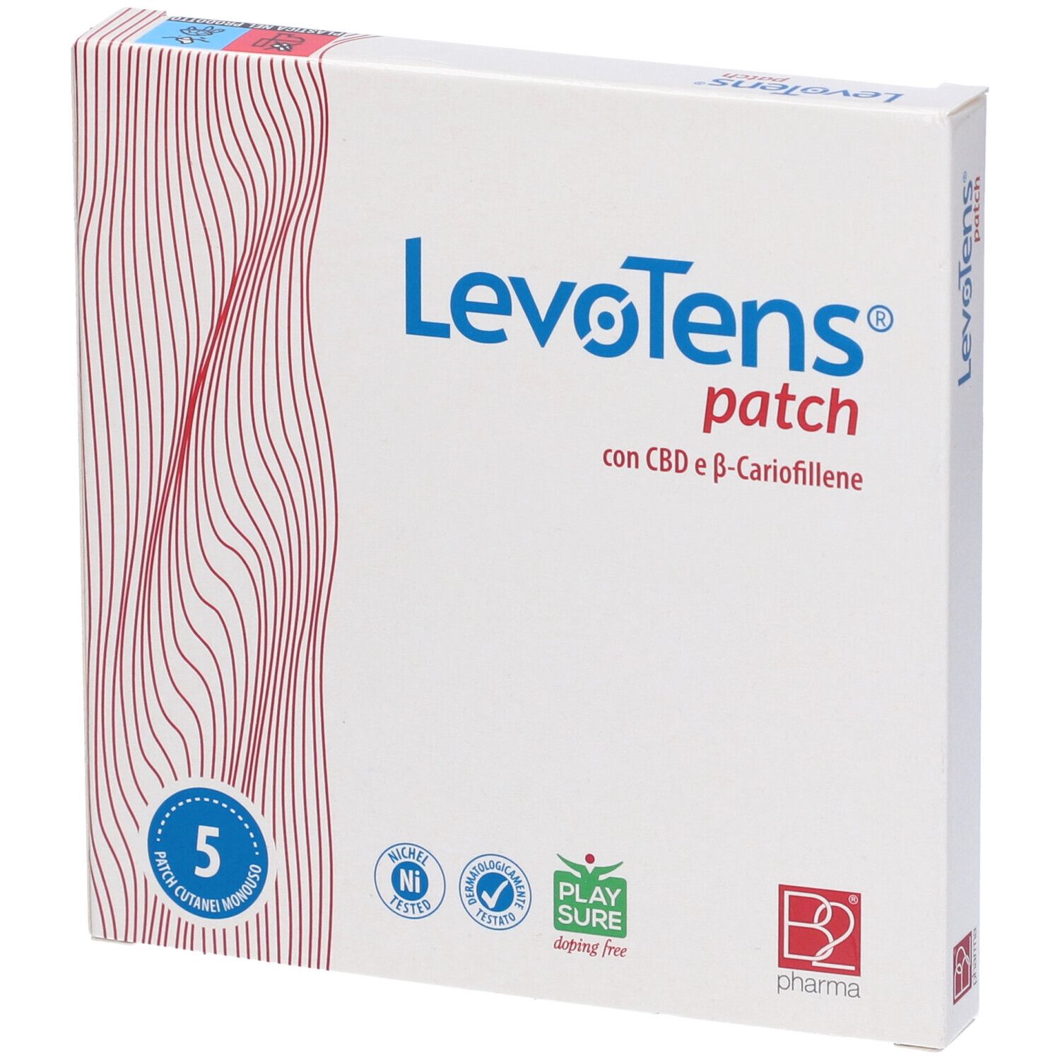 Confezione di Levotens Patch Cutaneo Monouso. 5 cerotti. Contiene CBD e β-Cariofillene. Nickel tested.