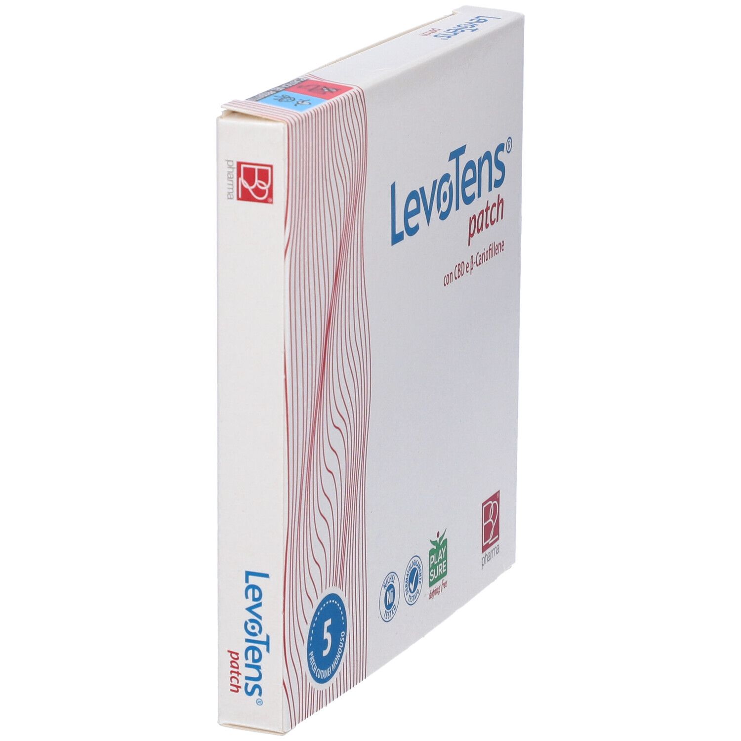 Confezione di Levotens Patch Cutaneo Monouso. 5 cerotti. Contiene CBD e β-Cariofillene. Nickel tested.