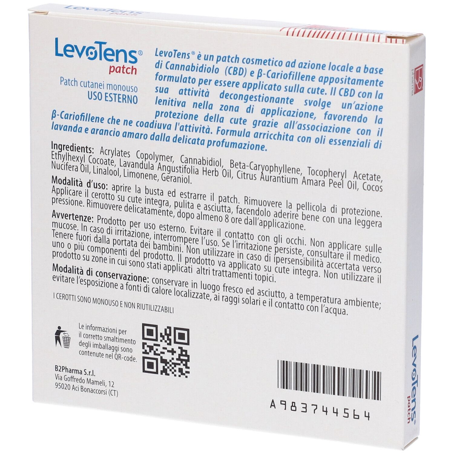 Retro della confezione Levotens Patch Cutaneo Monouso. Testo in italiano. Codice QR e informazioni produttore.