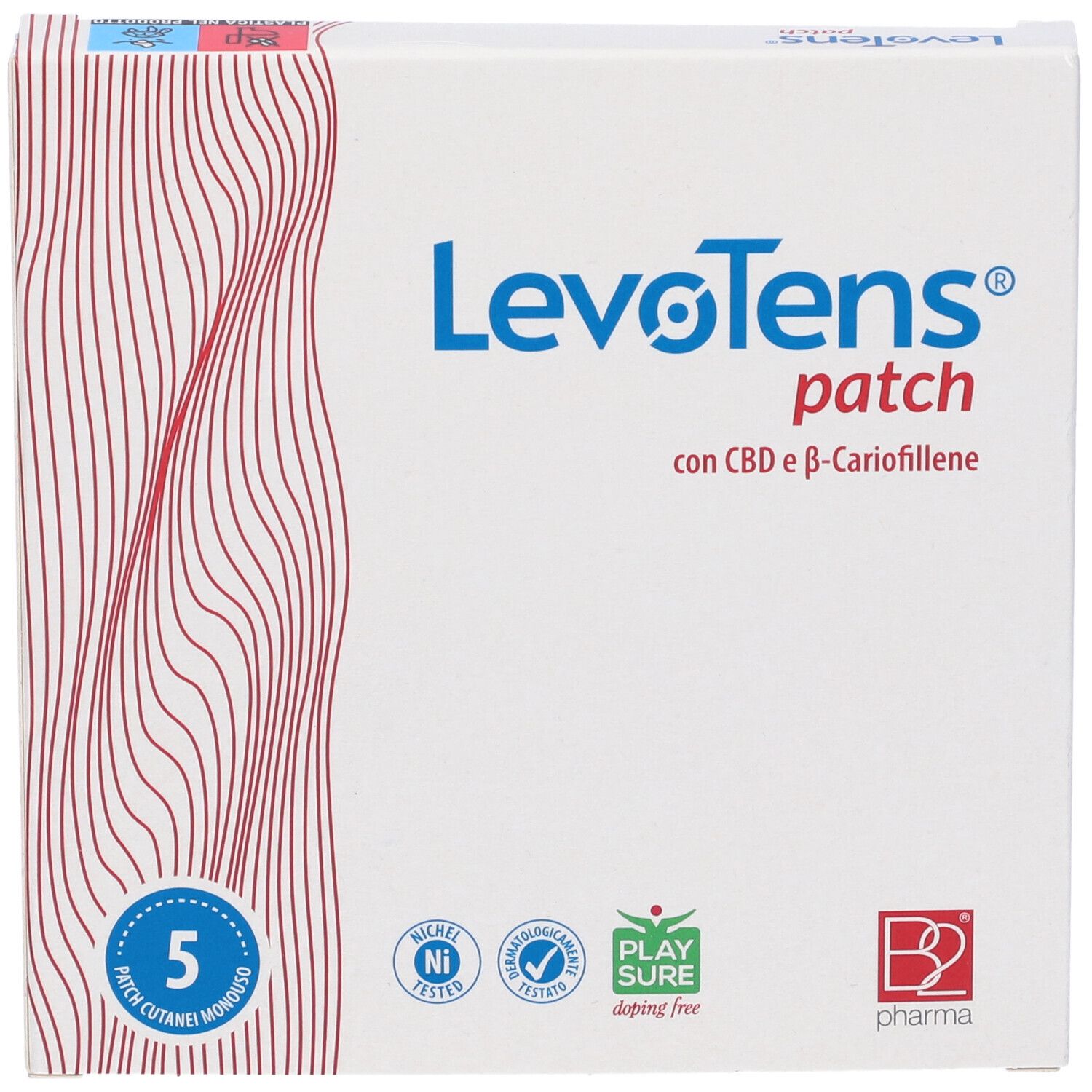 Confezione di Levotens Patch Cutaneo Monouso. 5 cerotti. Contiene CBD e β-Cariofillene. Nickel tested.