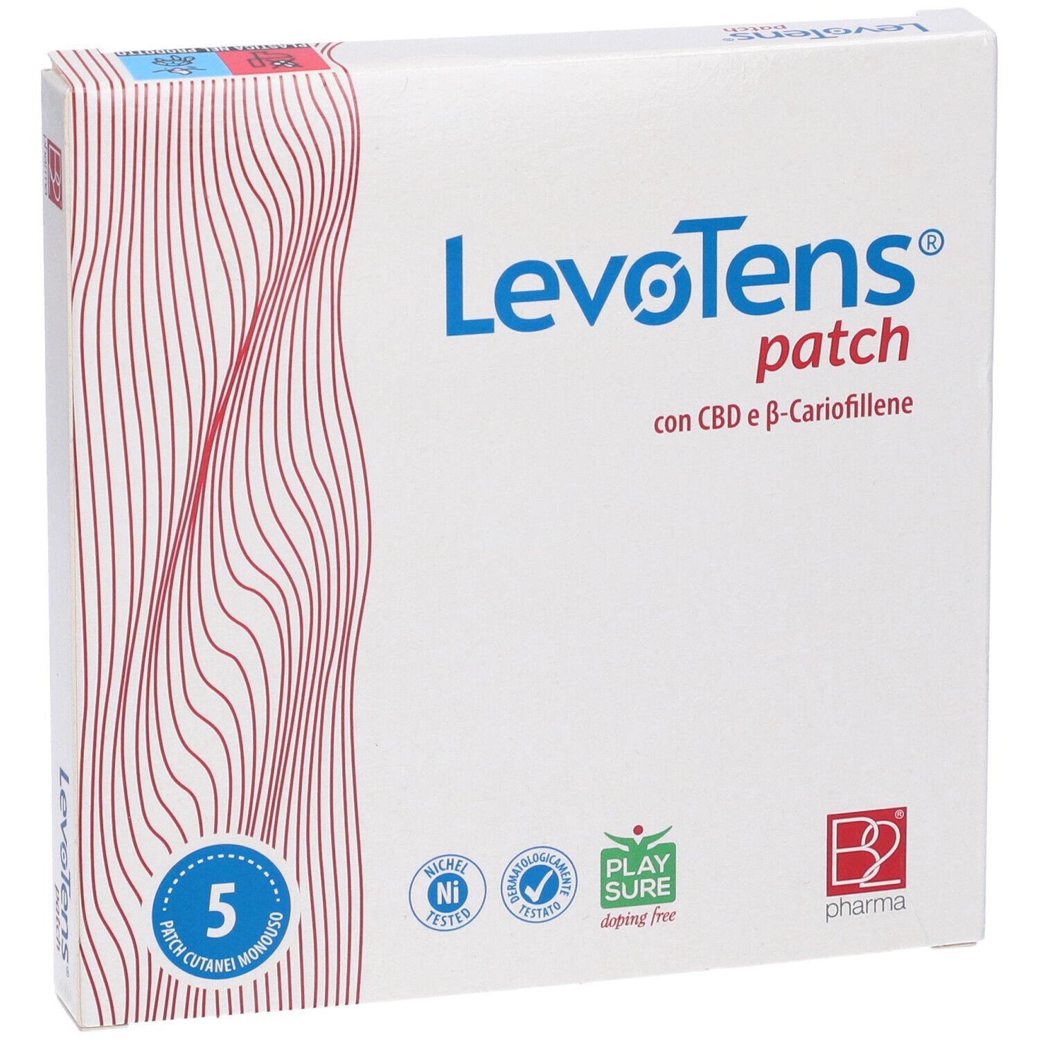 Confezione di Levotens Patch Cutaneo Monouso. 5 cerotti. Contiene CBD e β-Cariofillene. Nickel tested.